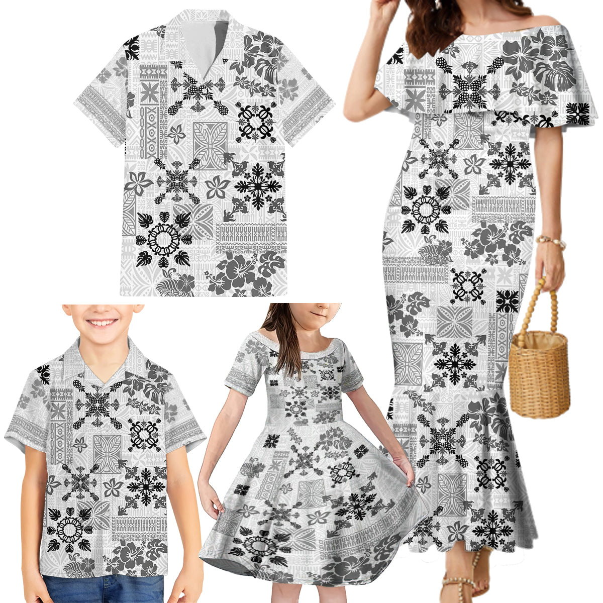 Hawaii Tapa Tribal Family Matching Mermaid Dress and Hawaiian Shirt With Hawaiian Quilt Pattern Black LT9 - Wonder Print Shop