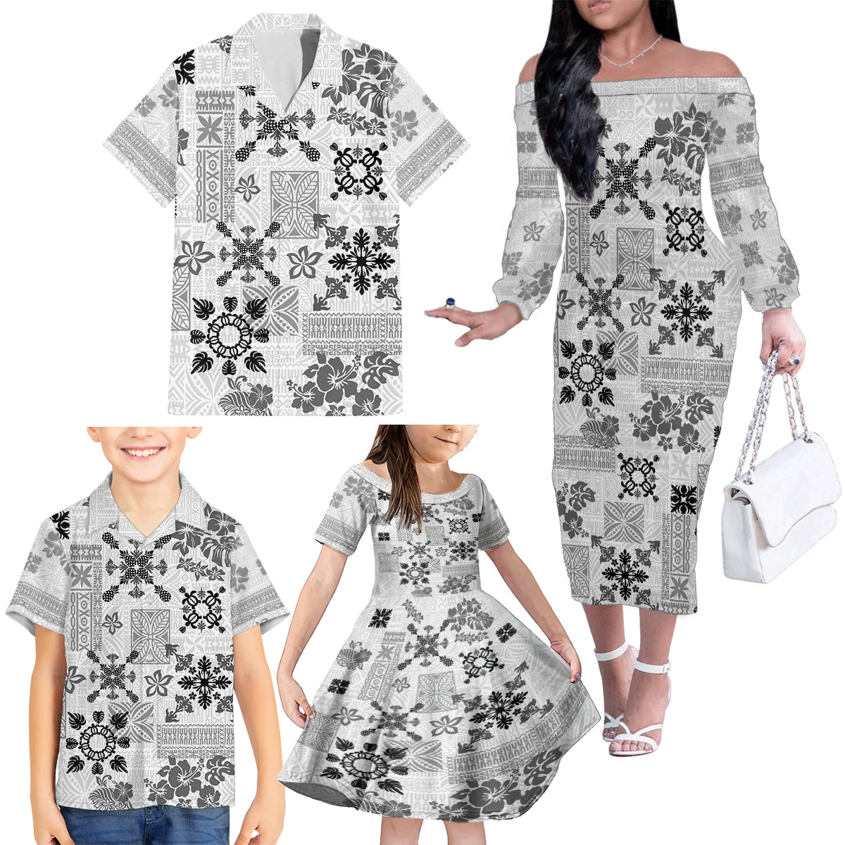 Hawaii Tapa Tribal Family Matching Off Shoulder Long Sleeve Dress and Hawaiian Shirt With Hawaiian Quilt Pattern Black - Wonder Print Shop