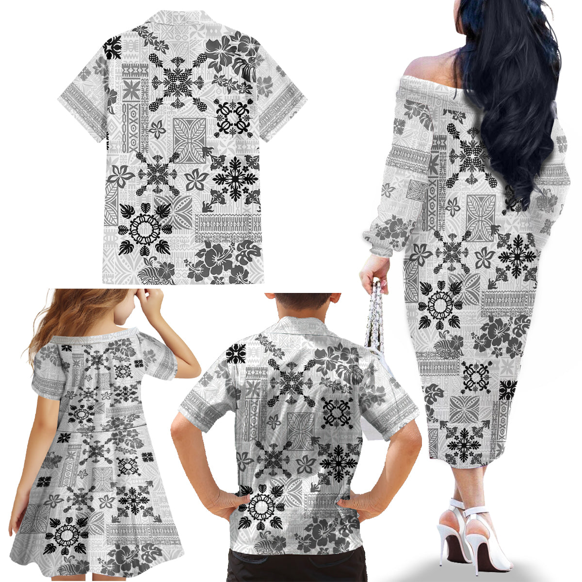 Hawaii Tapa Tribal Family Matching Off Shoulder Long Sleeve Dress and Hawaiian Shirt With Hawaiian Quilt Pattern Black - Wonder Print Shop