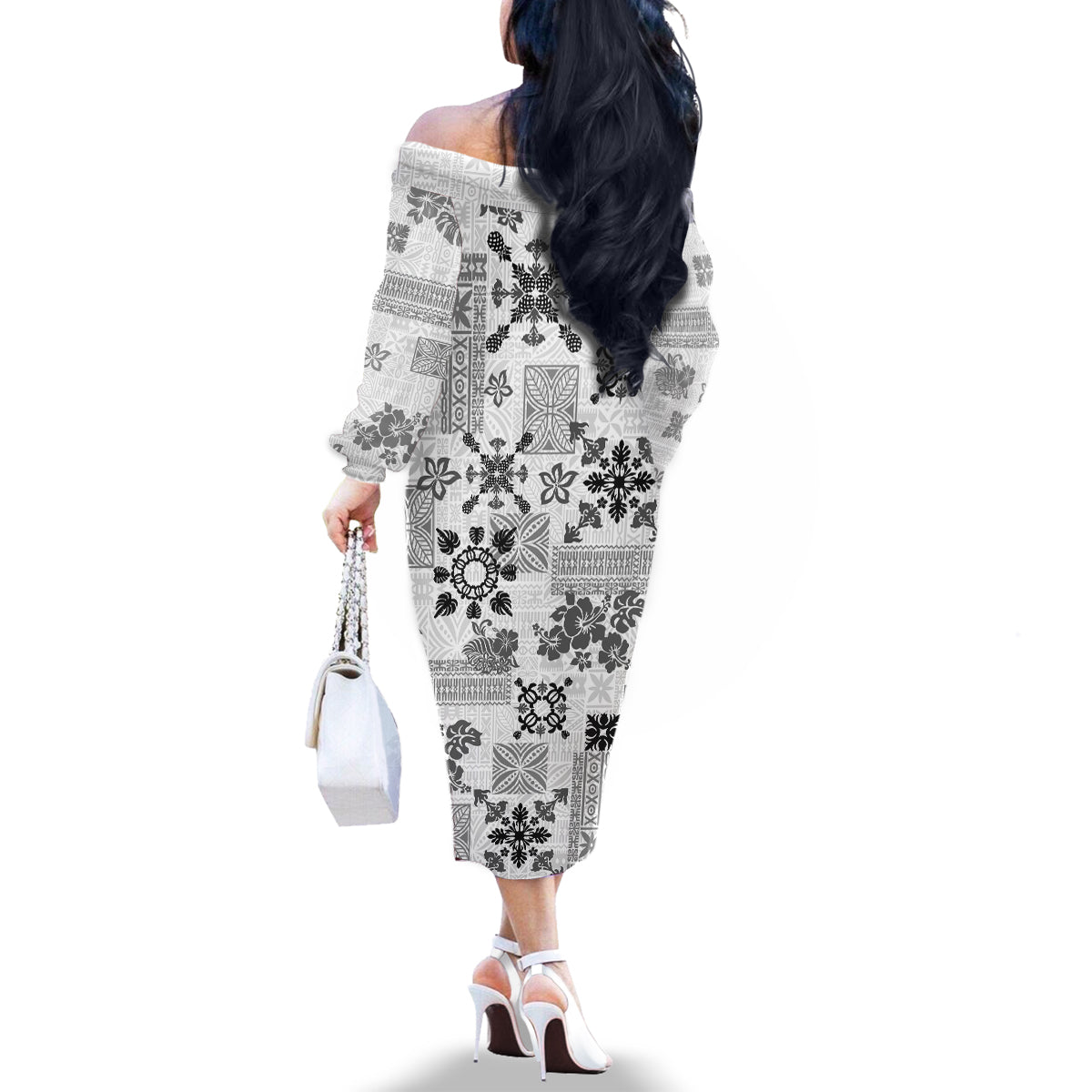 Hawaii Tapa Tribal Family Matching Off Shoulder Long Sleeve Dress and Hawaiian Shirt With Hawaiian Quilt Pattern Black - Wonder Print Shop