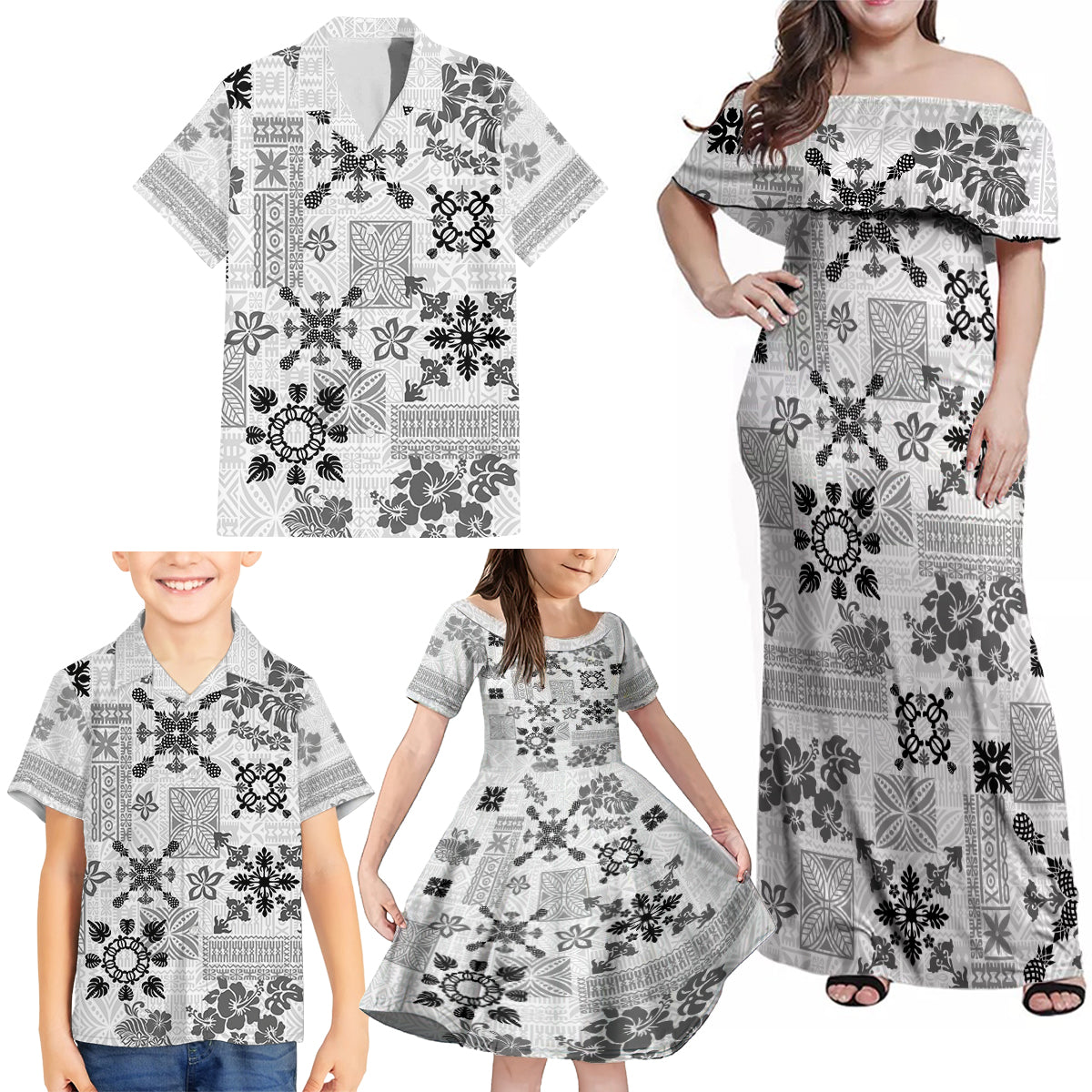 Hawaii Tapa Tribal Family Matching Off Shoulder Maxi Dress and Hawaiian Shirt With Hawaiian Quilt Pattern Black LT9 - Wonder Print Shop