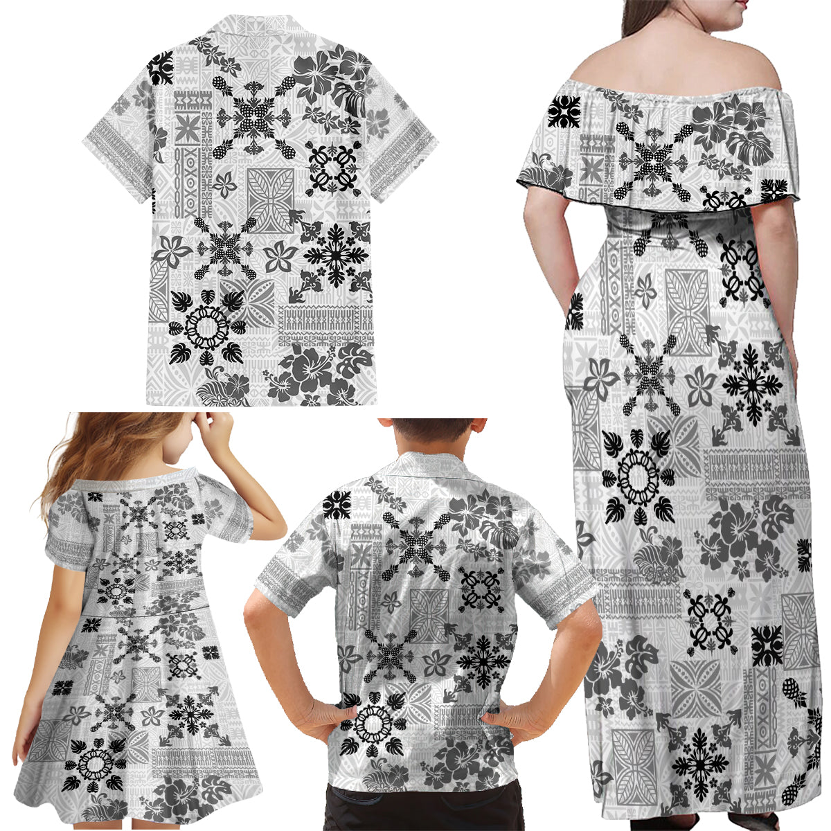 Hawaii Tapa Tribal Family Matching Off Shoulder Maxi Dress and Hawaiian Shirt With Hawaiian Quilt Pattern Black LT9 - Wonder Print Shop