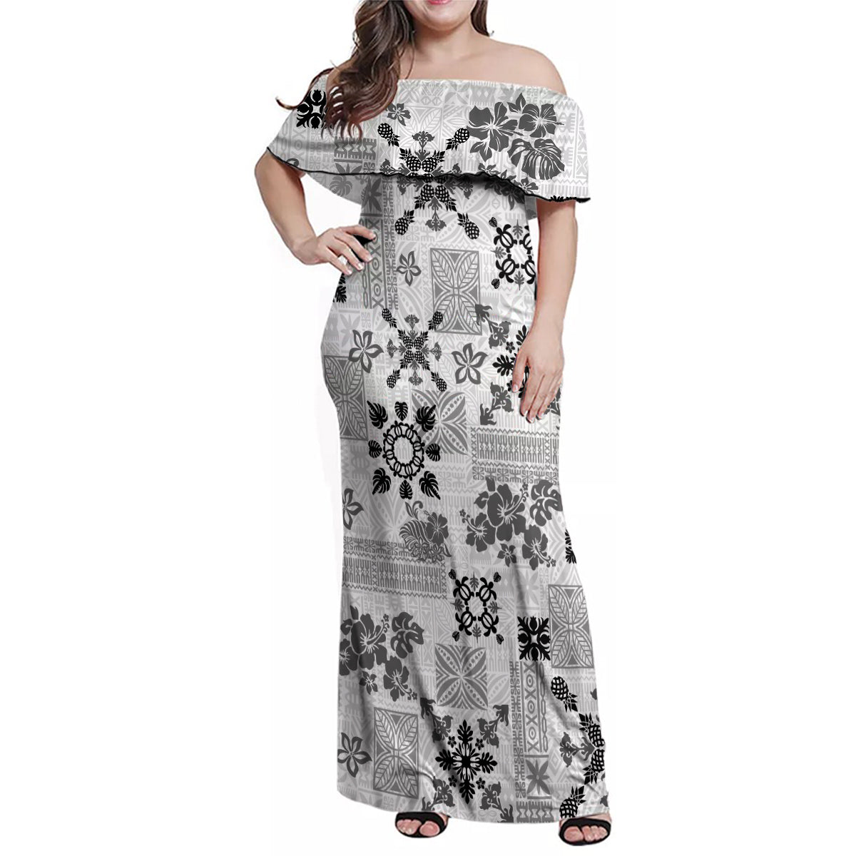 Hawaii Tapa Tribal Family Matching Off Shoulder Maxi Dress and Hawaiian Shirt With Hawaiian Quilt Pattern Black LT9 - Wonder Print Shop