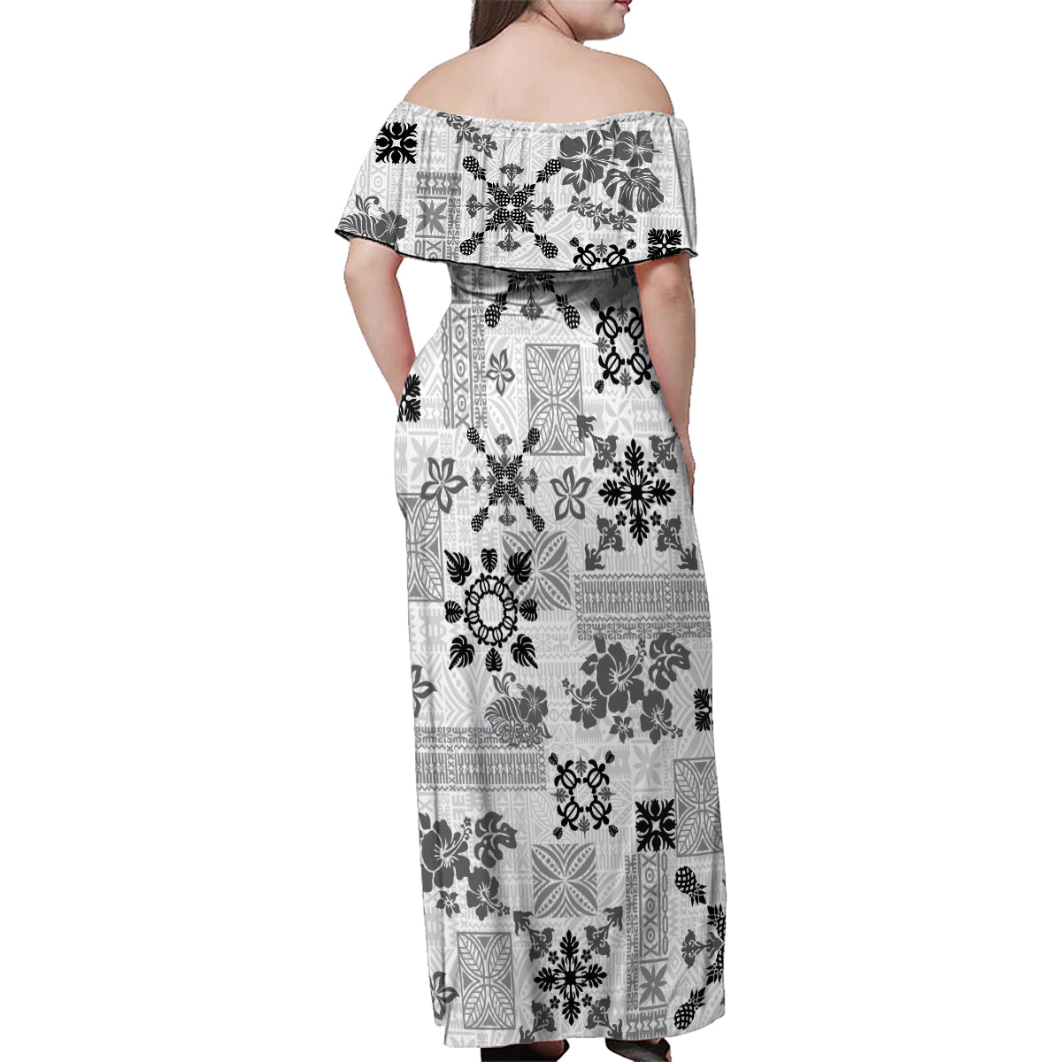 Hawaii Tapa Tribal Family Matching Off Shoulder Maxi Dress and Hawaiian Shirt With Hawaiian Quilt Pattern Black LT9 - Wonder Print Shop