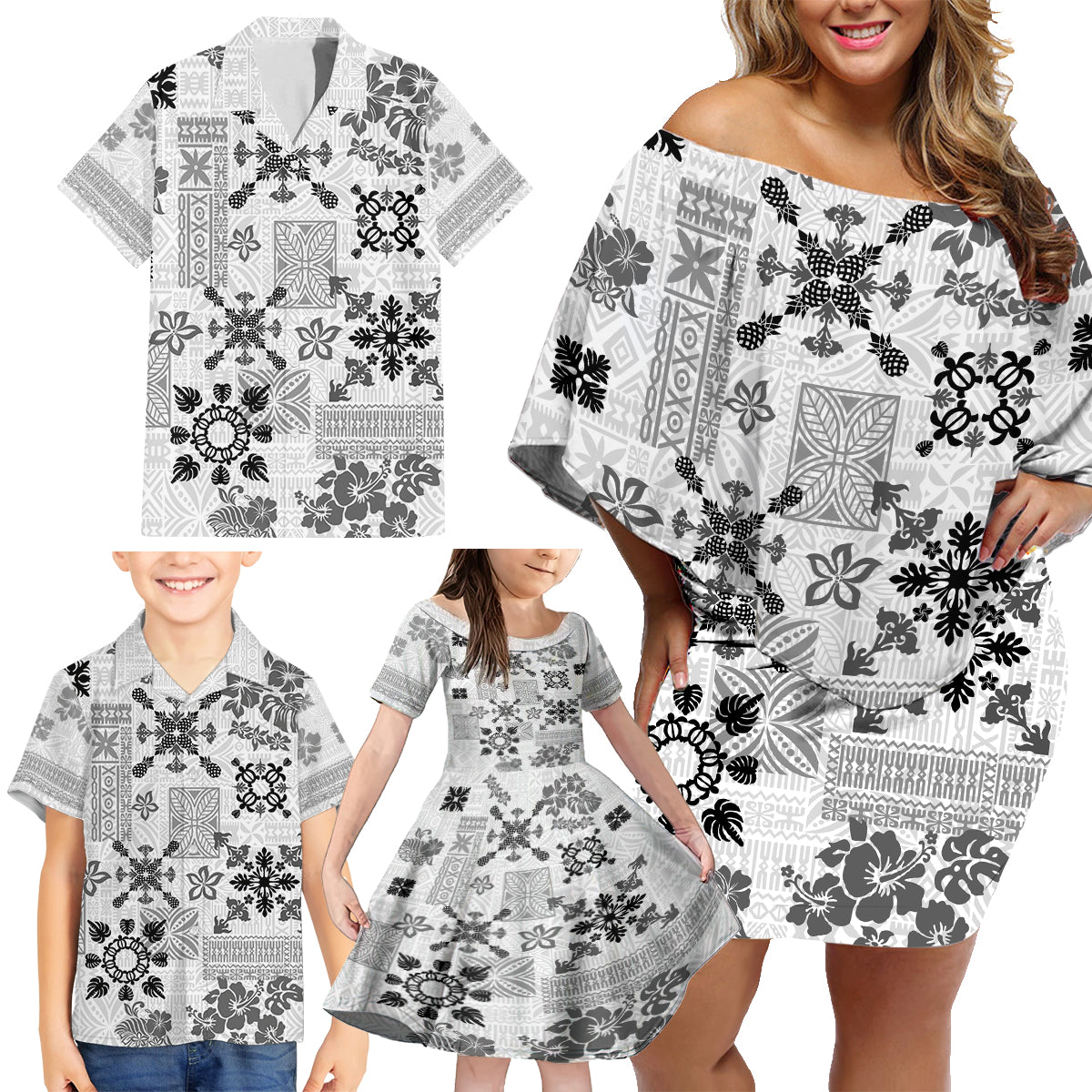 Hawaii Tapa Tribal Family Matching Off Shoulder Short Dress and Hawaiian Shirt With Hawaiian Quilt Pattern Black LT9 - Wonder Print Shop