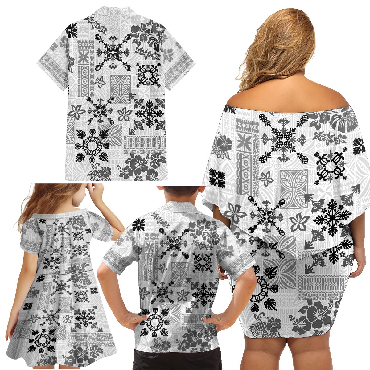 Hawaii Tapa Tribal Family Matching Off Shoulder Short Dress and Hawaiian Shirt With Hawaiian Quilt Pattern Black LT9 - Wonder Print Shop