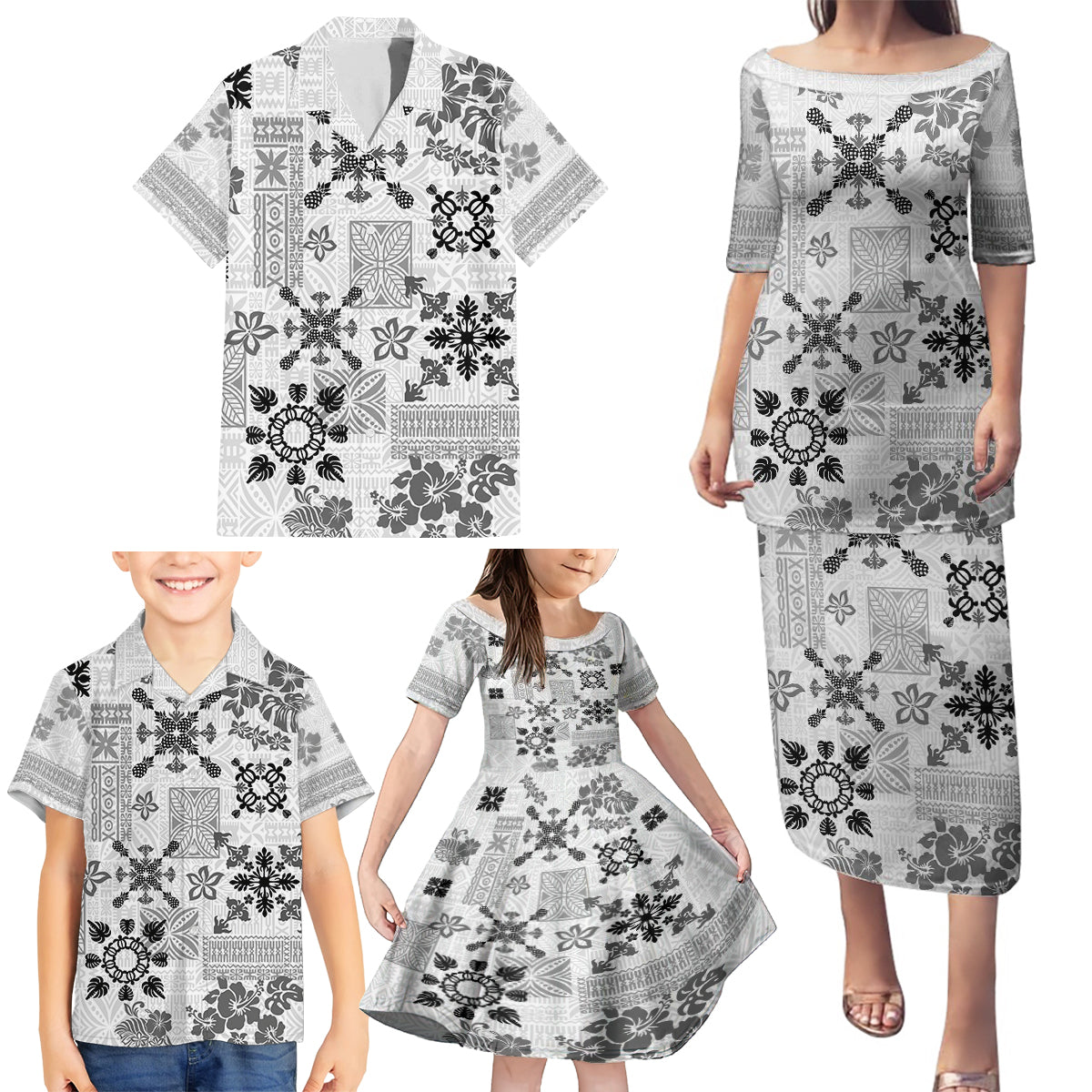 Hawaii Tapa Tribal Family Matching Puletasi Dress and Hawaiian Shirt With Hawaiian Quilt Pattern Black - Wonder Print Shop