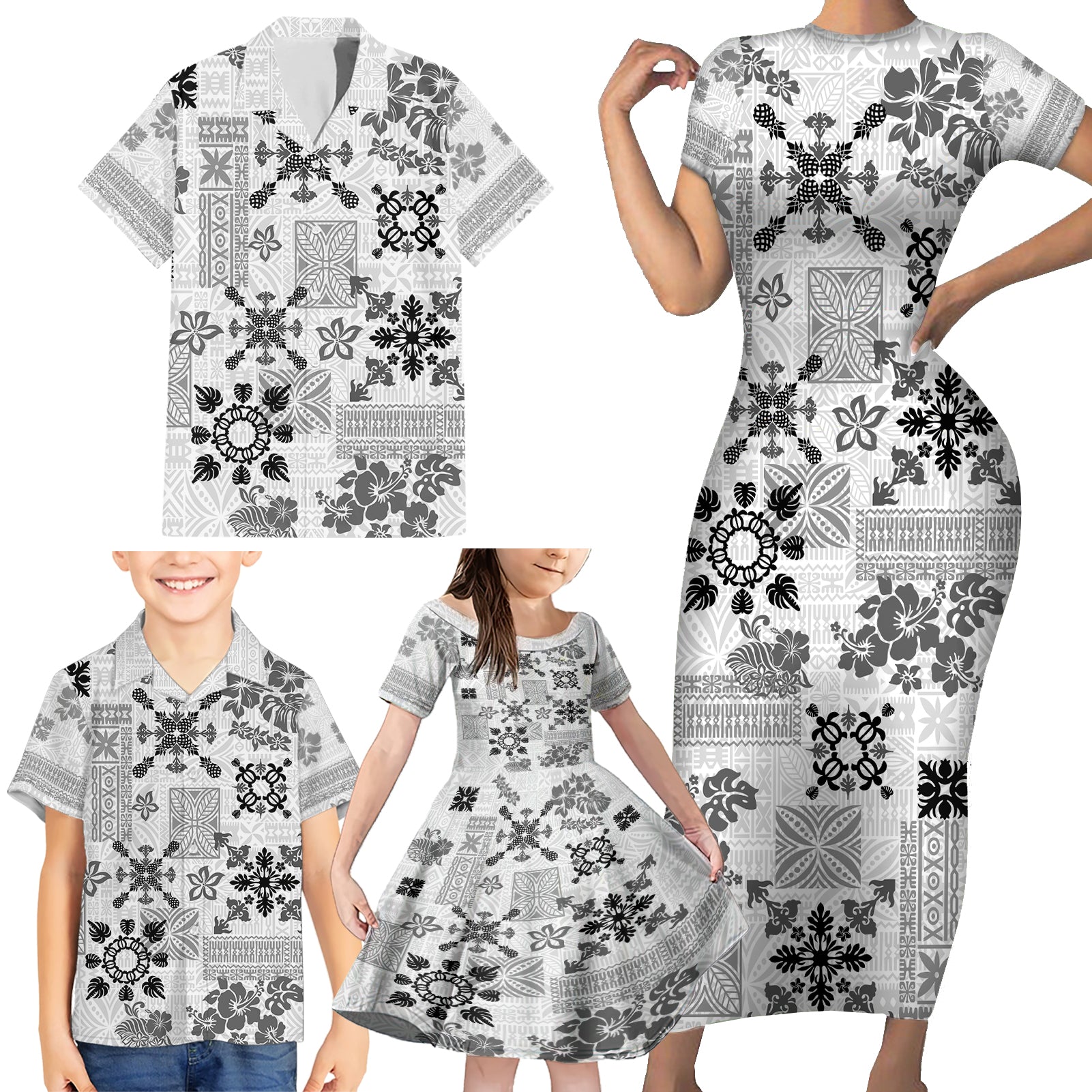 Hawaii Tapa Tribal Family Matching Short Sleeve Bodycon Dress and Hawaiian Shirt With Hawaiian Quilt Pattern Black - Wonder Print Shop