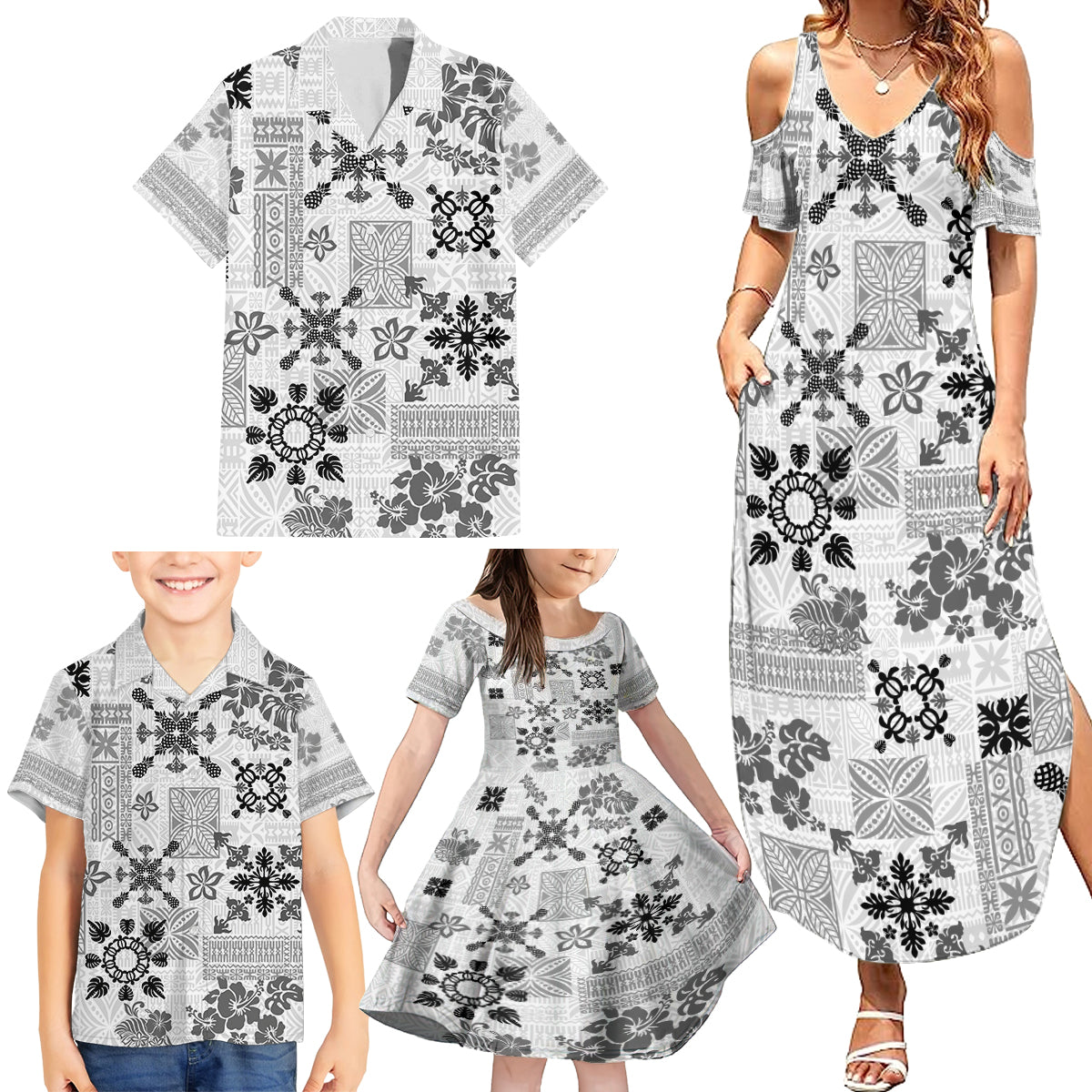 Hawaii Tapa Tribal Family Matching Summer Maxi Dress and Hawaiian Shirt With Hawaiian Quilt Pattern Black - Wonder Print Shop