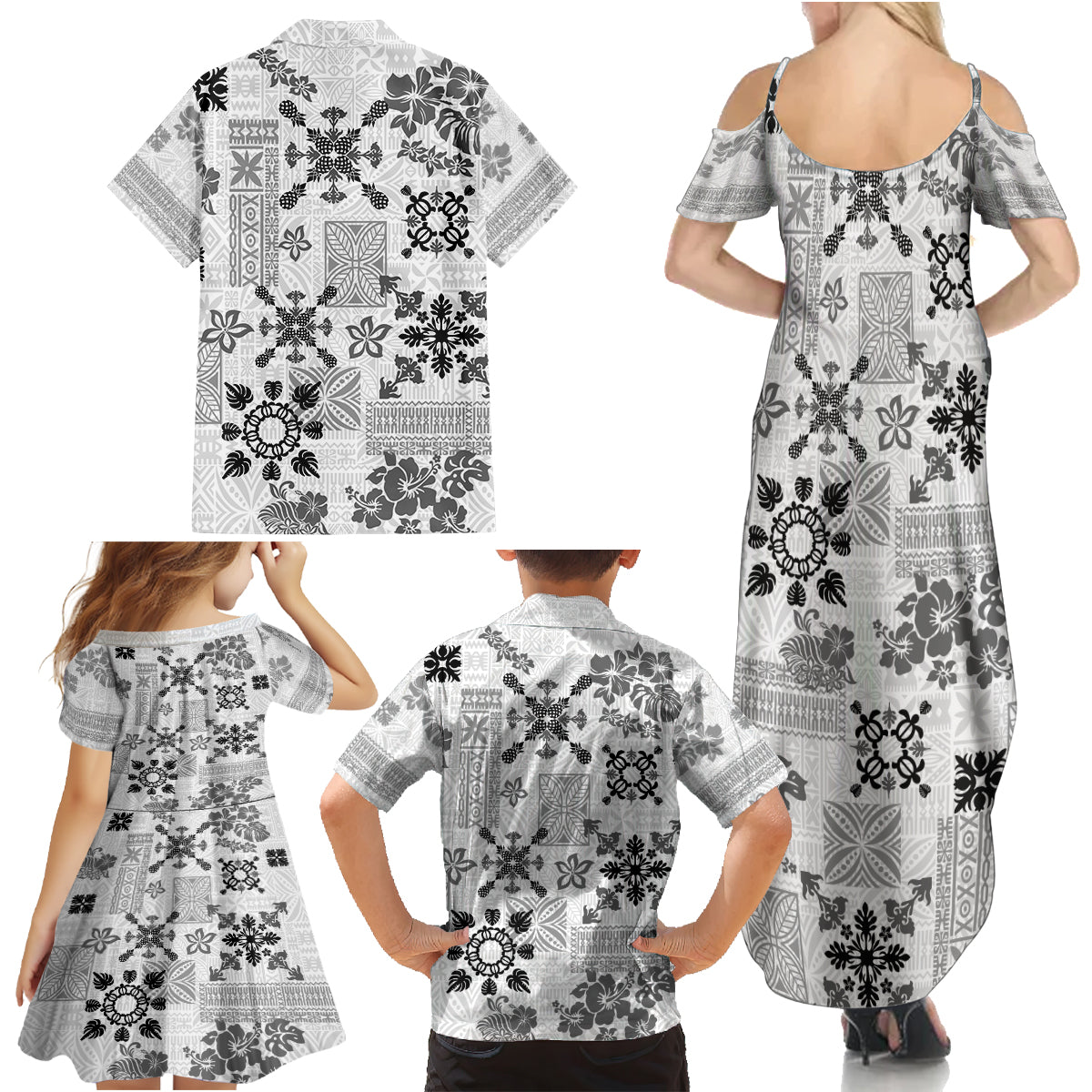 Hawaii Tapa Tribal Family Matching Summer Maxi Dress and Hawaiian Shirt With Hawaiian Quilt Pattern Black - Wonder Print Shop