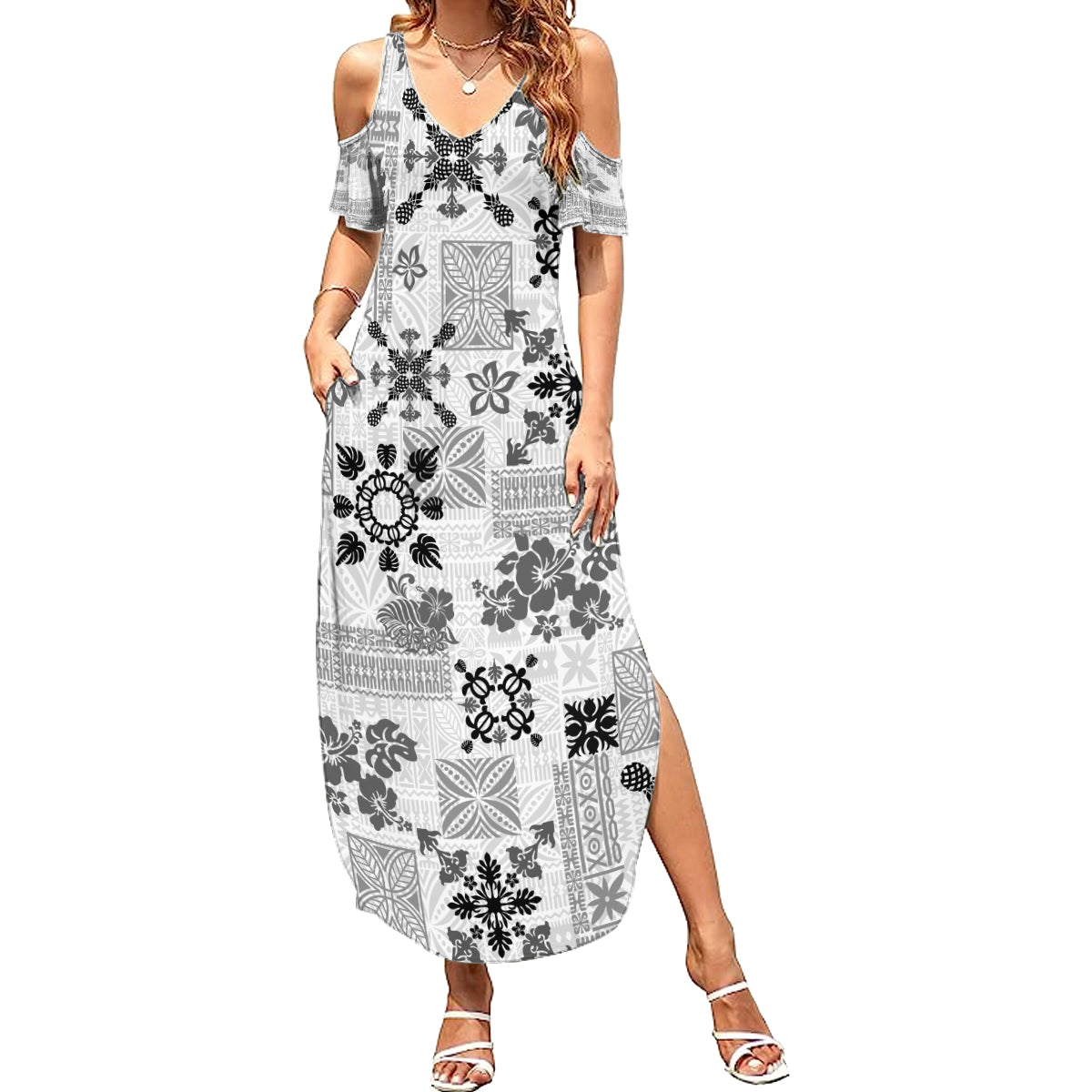 Hawaii Tapa Tribal Family Matching Summer Maxi Dress and Hawaiian Shirt With Hawaiian Quilt Pattern Black - Wonder Print Shop