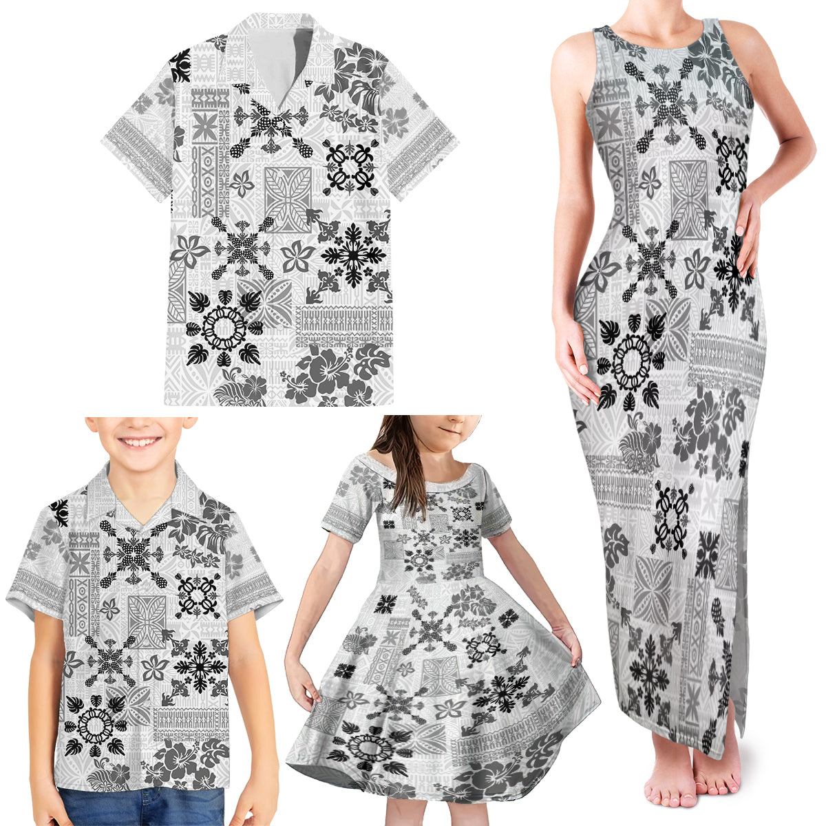 Hawaii Tapa Tribal Family Matching Tank Maxi Dress and Hawaiian Shirt With Hawaiian Quilt Pattern Black - Wonder Print Shop