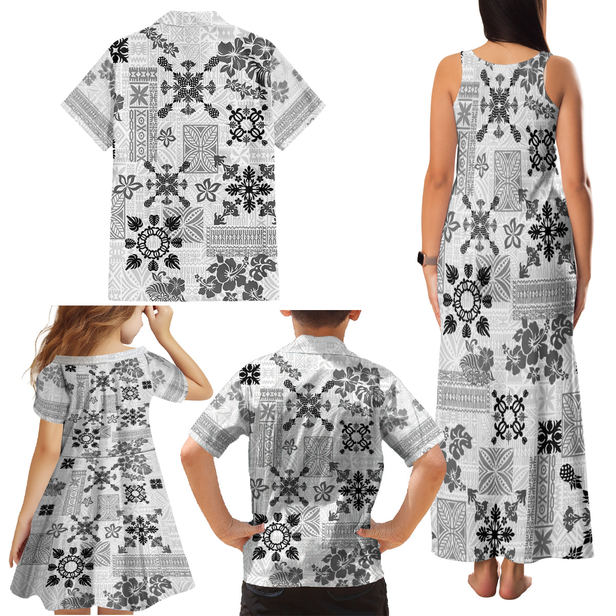 Hawaii Tapa Tribal Family Matching Tank Maxi Dress and Hawaiian Shirt With Hawaiian Quilt Pattern Black - Wonder Print Shop
