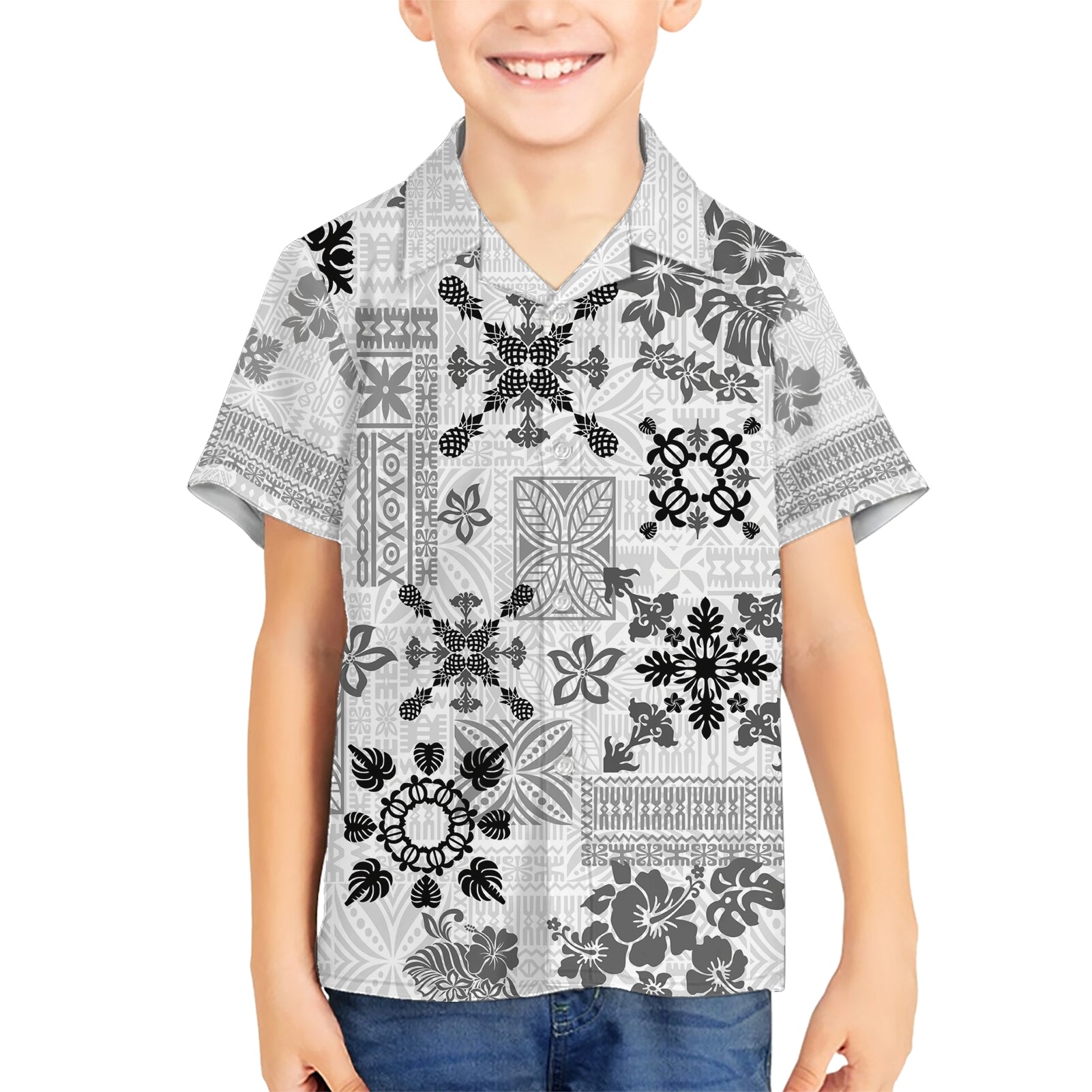 Hawaii Tapa Tribal Kid Hawaiian Shirt With Hawaiian Quilt Pattern Black - Wonder Print Shop