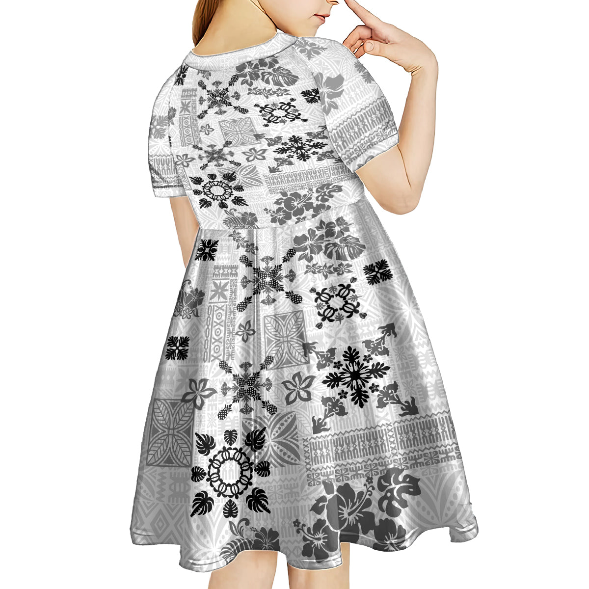 Hawaii Tapa Tribal Kid Short Sleeve Dress With Hawaiian Quilt Pattern Black - Wonder Print Shop