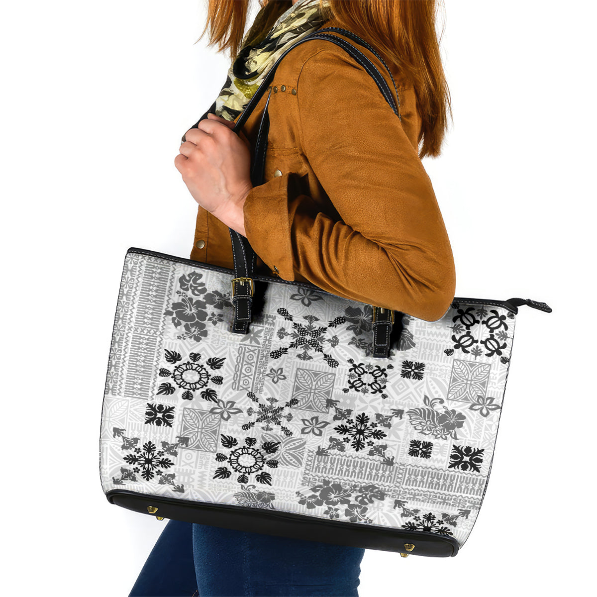 Hawaii Tapa Tribal Leather Tote Bag With Hawaiian Quilt Pattern Black - Wonder Print Shop