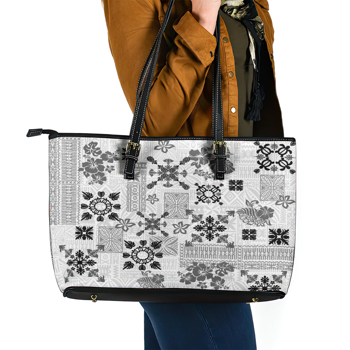 Hawaii Tapa Tribal Leather Tote Bag With Hawaiian Quilt Pattern Black - Wonder Print Shop