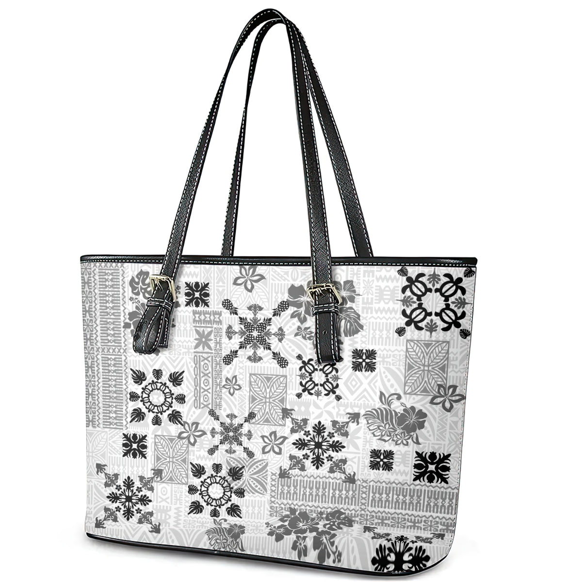 Hawaii Tapa Tribal Leather Tote Bag With Hawaiian Quilt Pattern Black - Wonder Print Shop