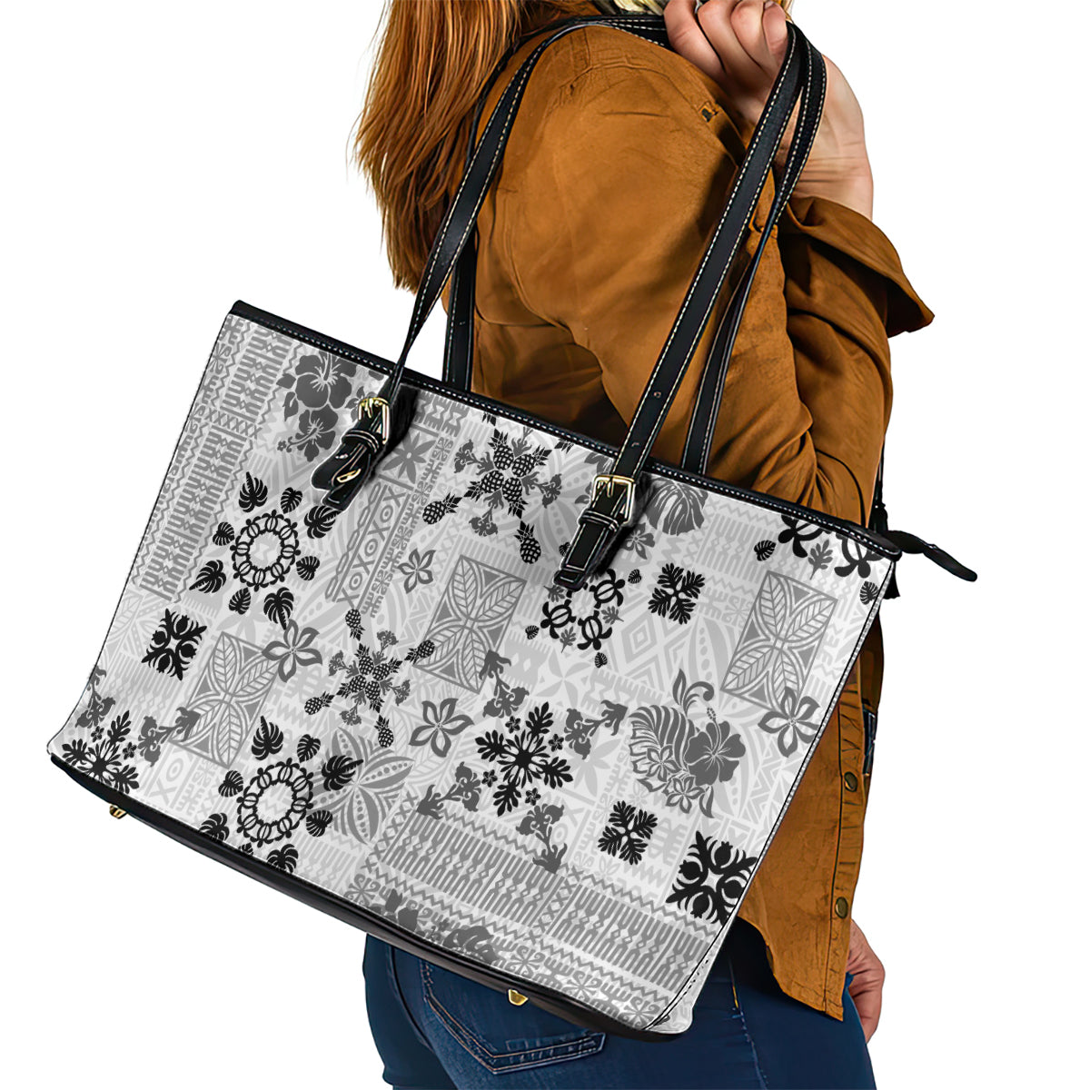 Hawaii Tapa Tribal Leather Tote Bag With Hawaiian Quilt Pattern Black - Wonder Print Shop