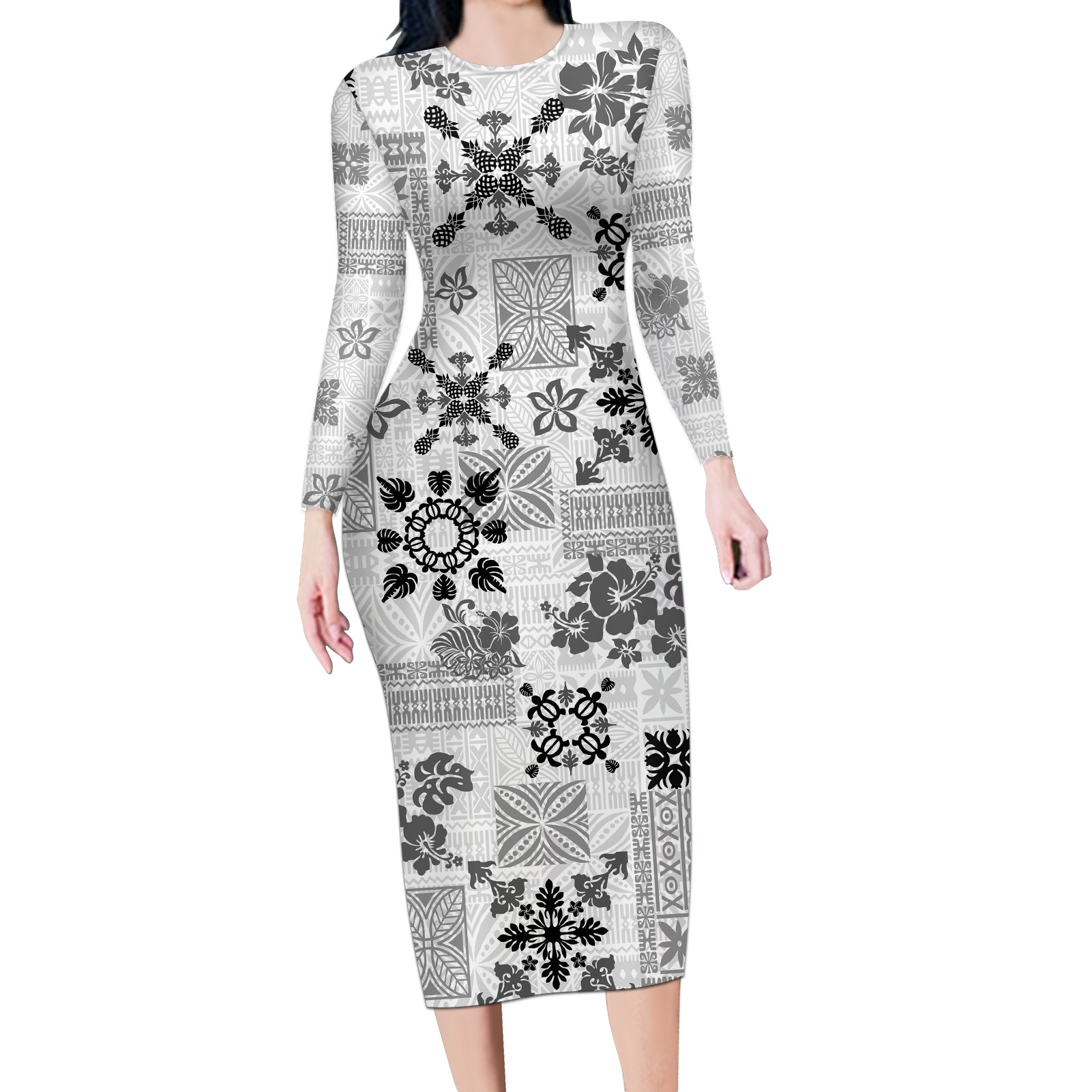 Hawaii Tapa Tribal Long Sleeve Bodycon Dress With Hawaiian Quilt Pattern Black - Wonder Print Shop