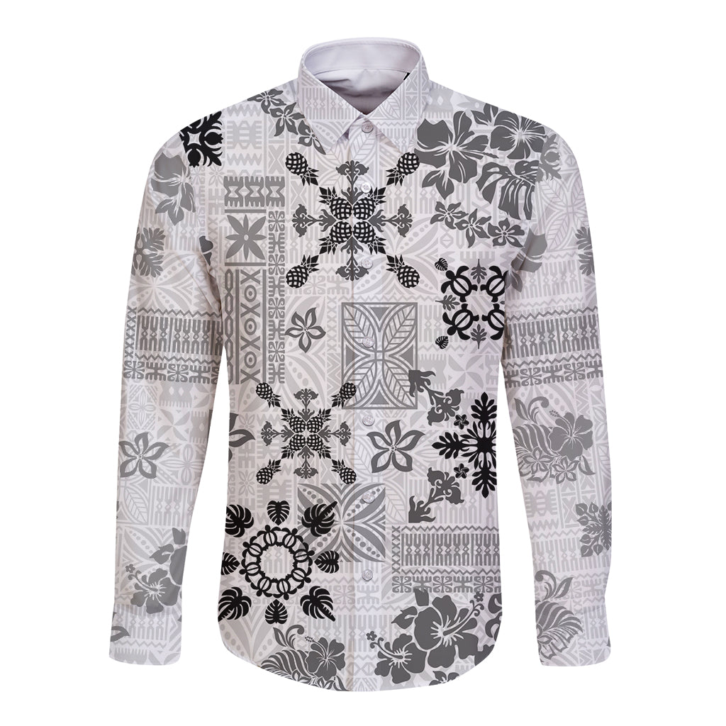 Hawaii Tapa Tribal Long Sleeve Button Shirt With Hawaiian Quilt Pattern Black - Wonder Print Shop