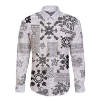 Hawaii Tapa Tribal Long Sleeve Button Shirt With Hawaiian Quilt Pattern Black - Wonder Print Shop