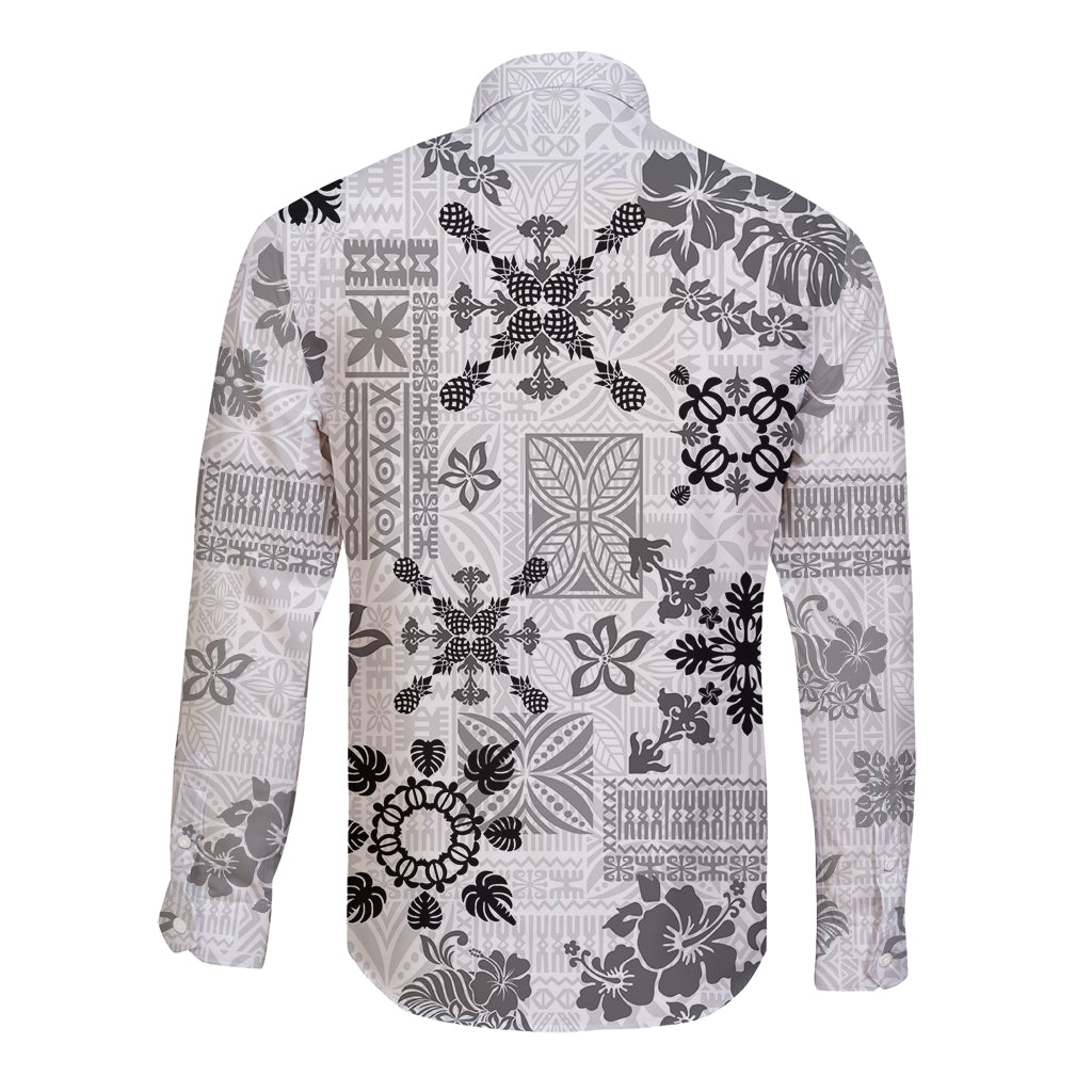 Hawaii Tapa Tribal Long Sleeve Button Shirt With Hawaiian Quilt Pattern Black - Wonder Print Shop