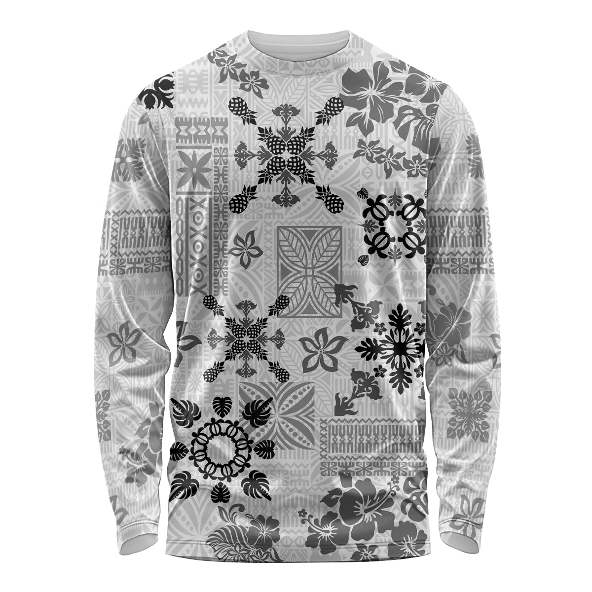 Hawaii Tapa Tribal Long Sleeve Shirt With Hawaiian Quilt Pattern Black - Wonder Print Shop