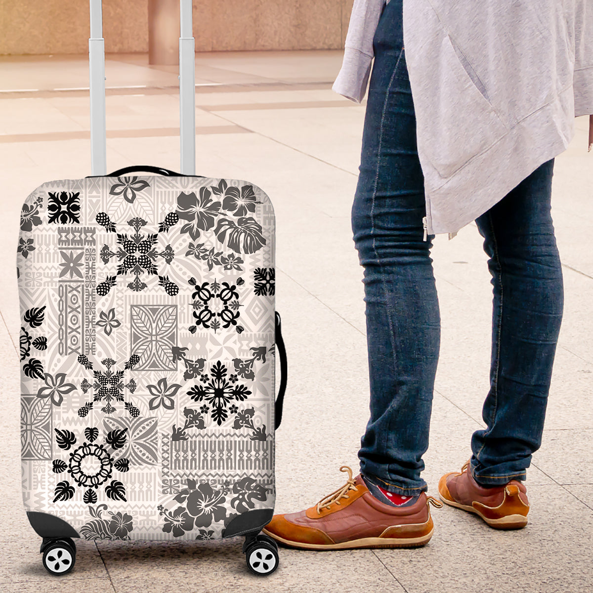 Hawaii Tapa Tribal Luggage Cover With Hawaiian Quilt Pattern Black - Wonder Print Shop