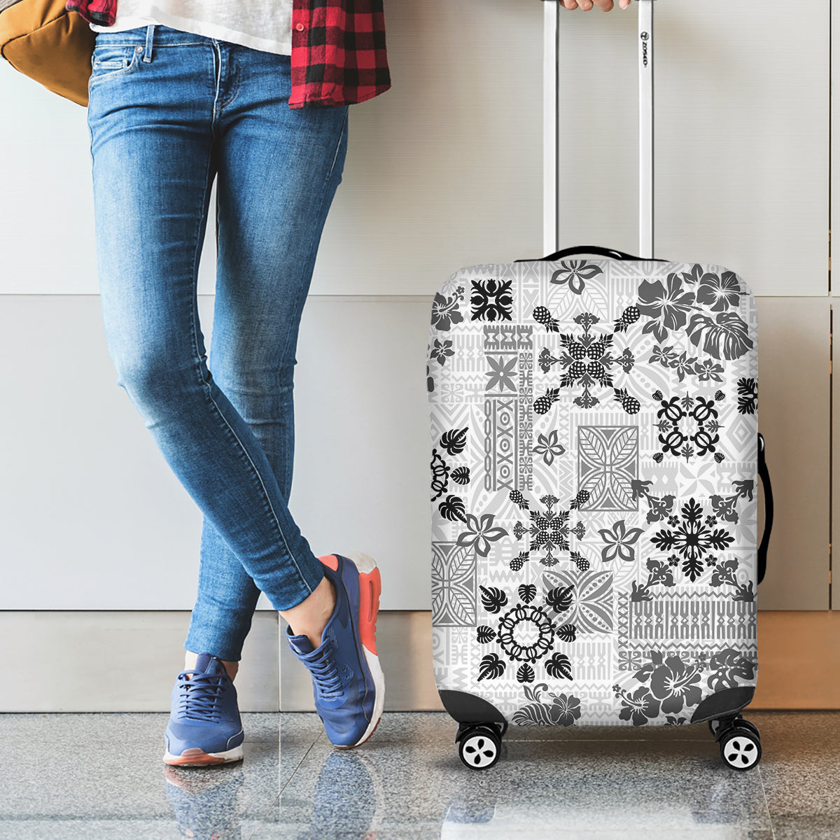 Hawaii Tapa Tribal Luggage Cover With Hawaiian Quilt Pattern Black - Wonder Print Shop