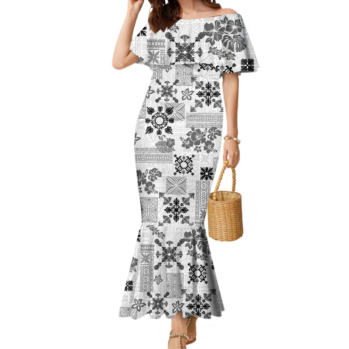 Hawaii Tapa Tribal Mermaid Dress With Hawaiian Quilt Pattern Black - Wonder Print Shop