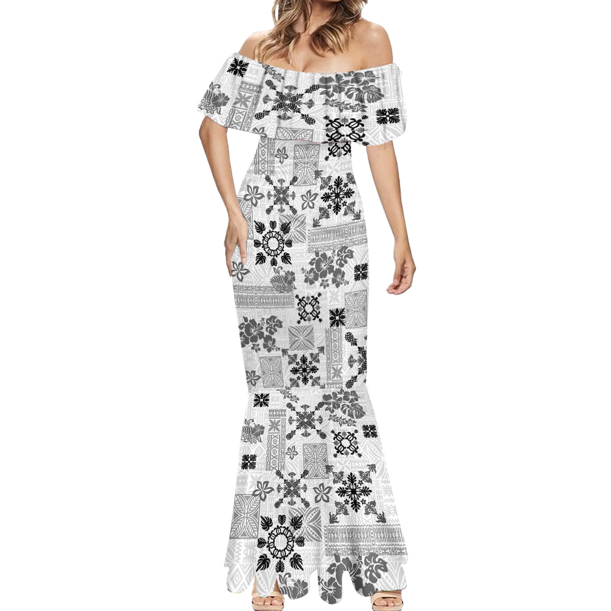 Hawaii Tapa Tribal Mermaid Dress With Hawaiian Quilt Pattern Black - Wonder Print Shop