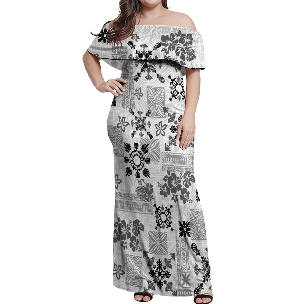 Hawaii Tapa Tribal Off Shoulder Maxi Dress With Hawaiian Quilt Pattern Black - Wonder Print Shop