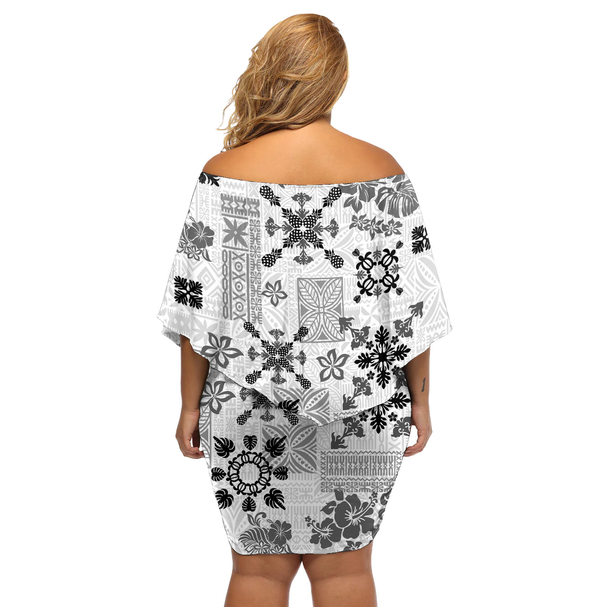 Hawaii Tapa Tribal Off Shoulder Short Dress With Hawaiian Quilt Pattern Black - Wonder Print Shop