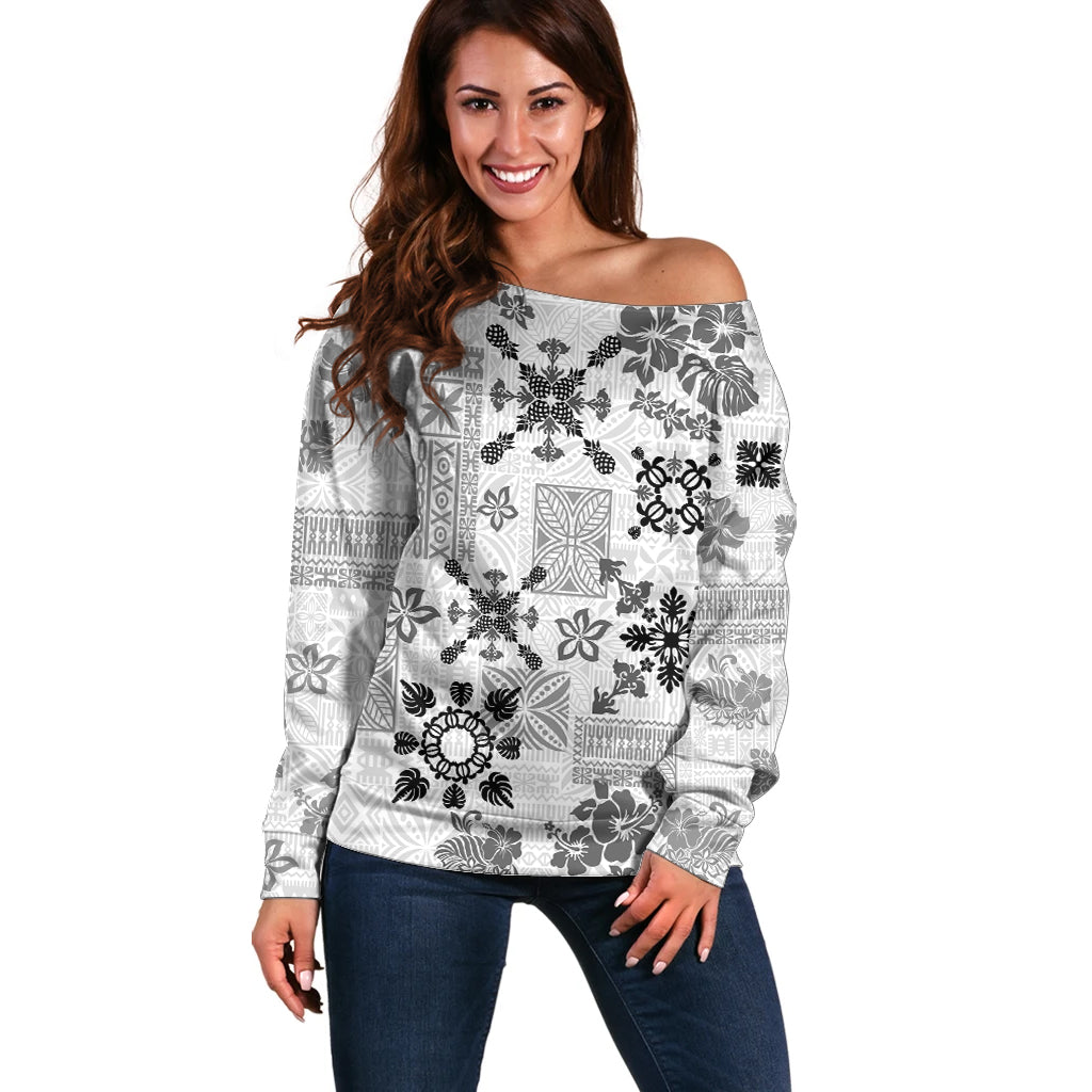 Hawaii Tapa Tribal Off Shoulder Sweater With Hawaiian Quilt Pattern Black - Wonder Print Shop
