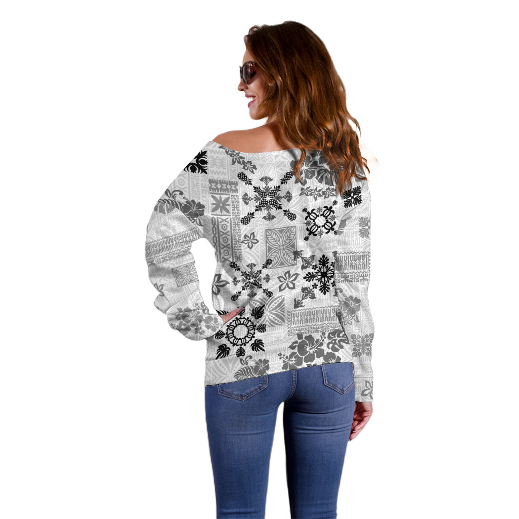 Hawaii Tapa Tribal Off Shoulder Sweater With Hawaiian Quilt Pattern Black - Wonder Print Shop
