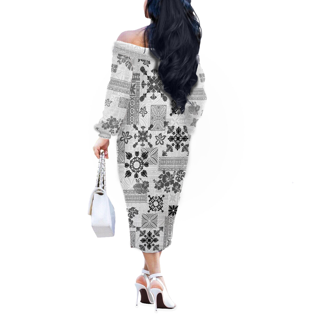 Hawaii Tapa Tribal Off The Shoulder Long Sleeve Dress With Hawaiian Quilt Pattern Black - Wonder Print Shop