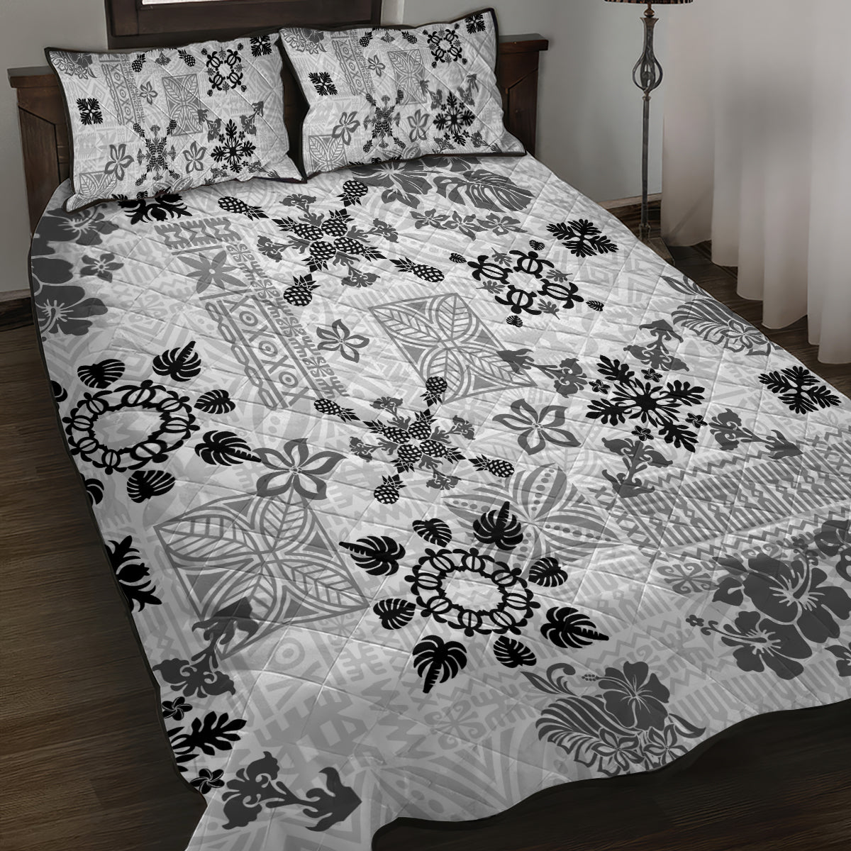 Hawaii Tapa Tribal Quilt Bed Set With Hawaiian Quilt Pattern Black - Wonder Print Shop