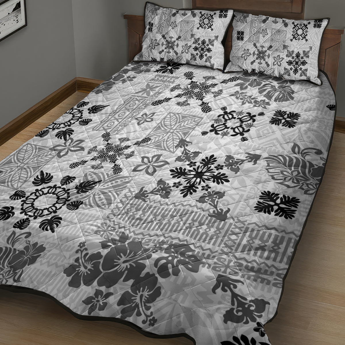 Hawaii Tapa Tribal Quilt Bed Set With Hawaiian Quilt Pattern Black - Wonder Print Shop