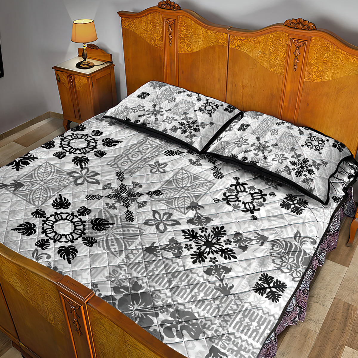 Hawaii Tapa Tribal Quilt Bed Set With Hawaiian Quilt Pattern Black - Wonder Print Shop