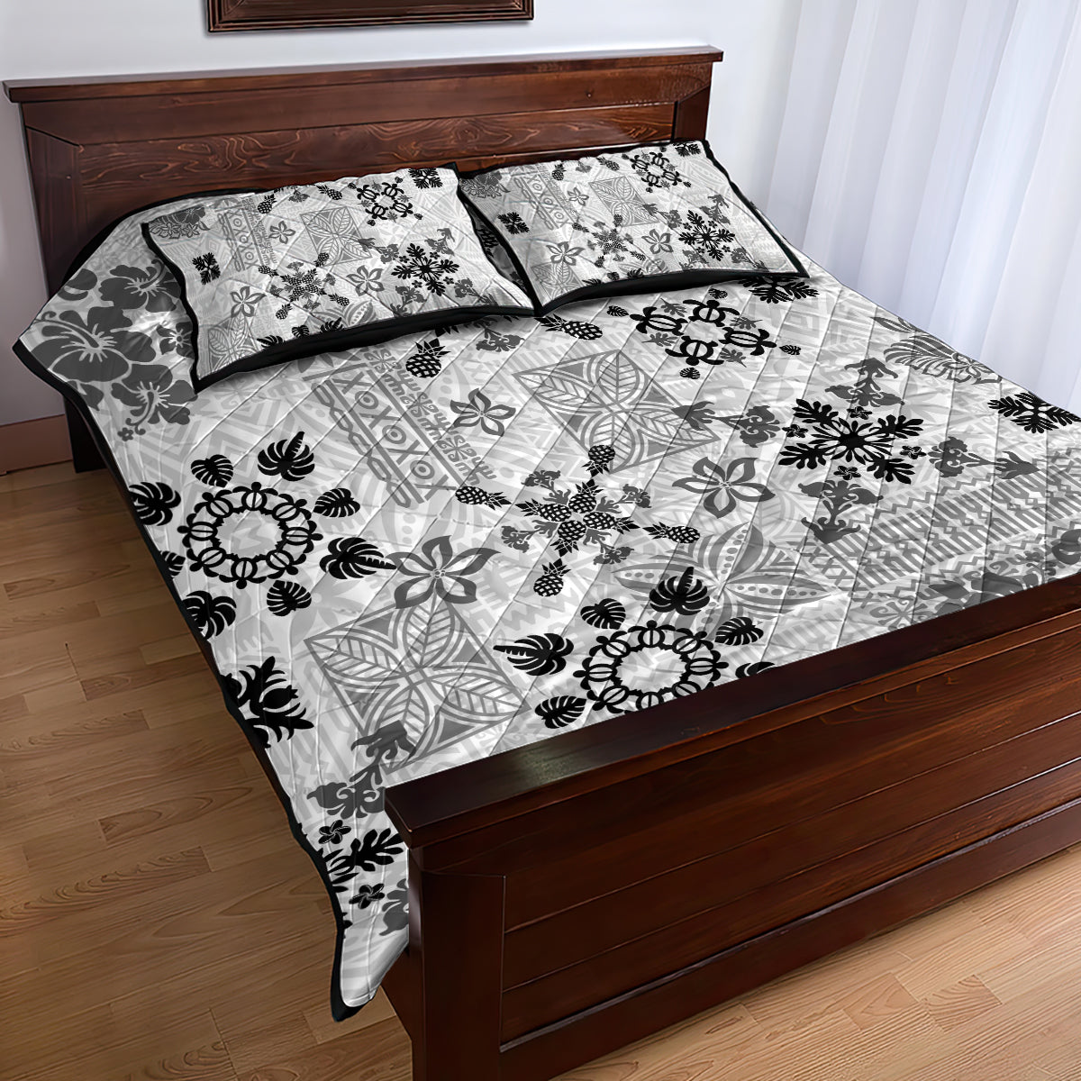 Hawaii Tapa Tribal Quilt Bed Set With Hawaiian Quilt Pattern Black - Wonder Print Shop