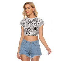 Hawaii Tapa Tribal Raglan Cropped T Shirt With Hawaiian Quilt Pattern Black - Wonder Print Shop
