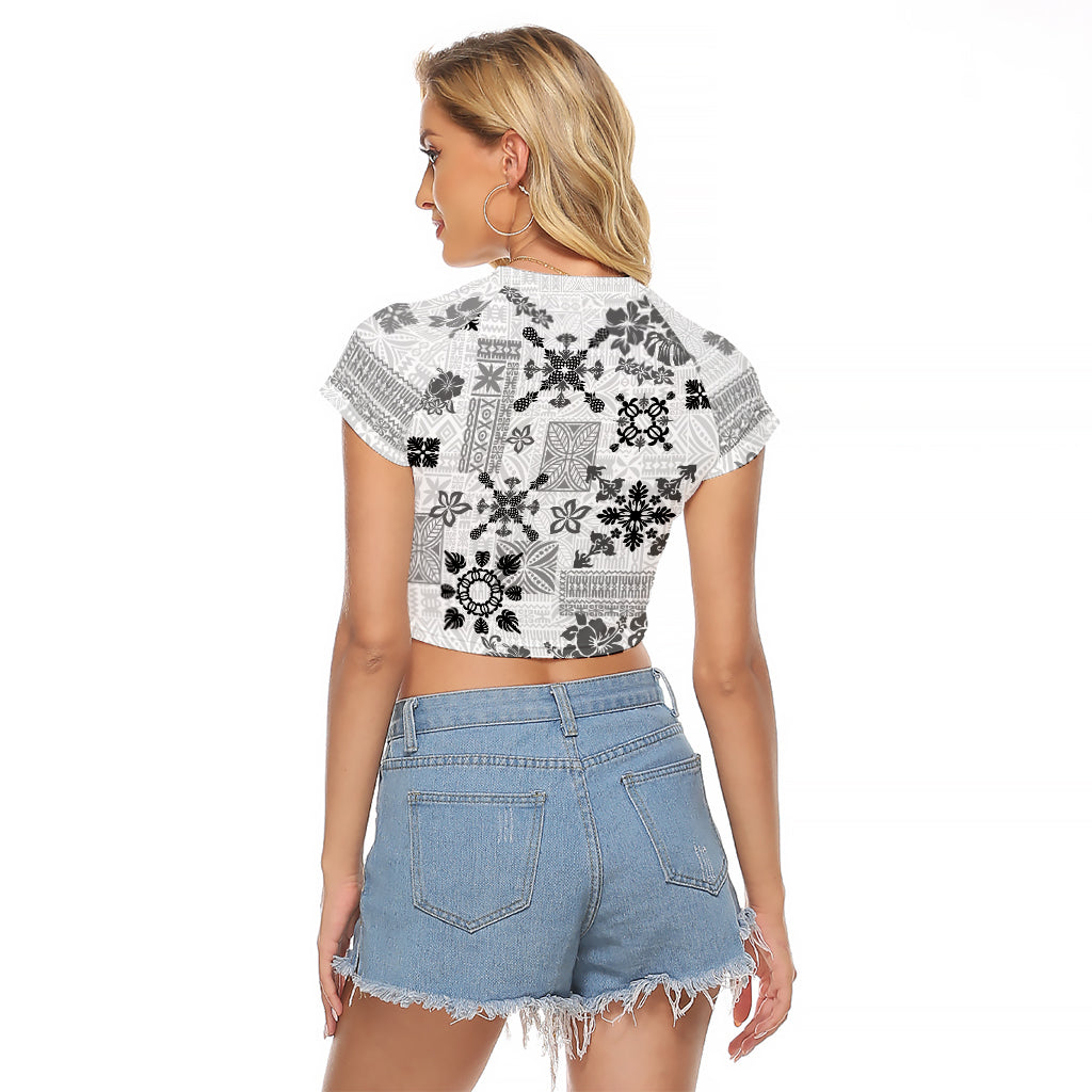 Hawaii Tapa Tribal Raglan Cropped T Shirt With Hawaiian Quilt Pattern Black - Wonder Print Shop