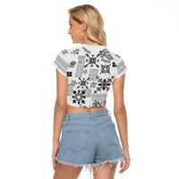Hawaii Tapa Tribal Raglan Cropped T Shirt With Hawaiian Quilt Pattern Black - Wonder Print Shop