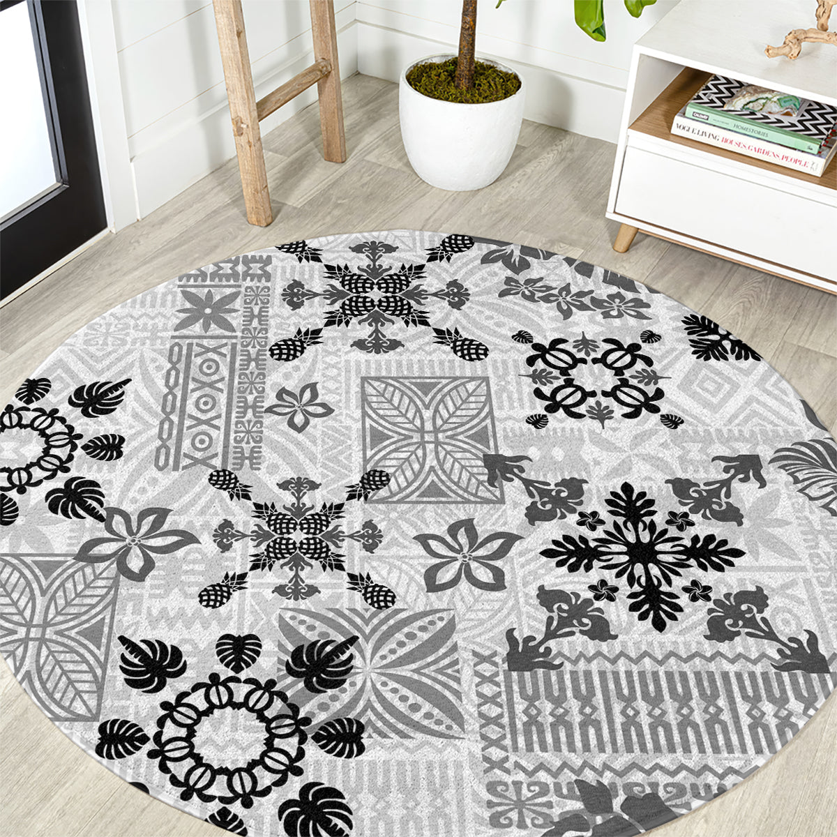 Hawaii Tapa Tribal Round Carpet With Hawaiian Quilt Pattern Black LT9