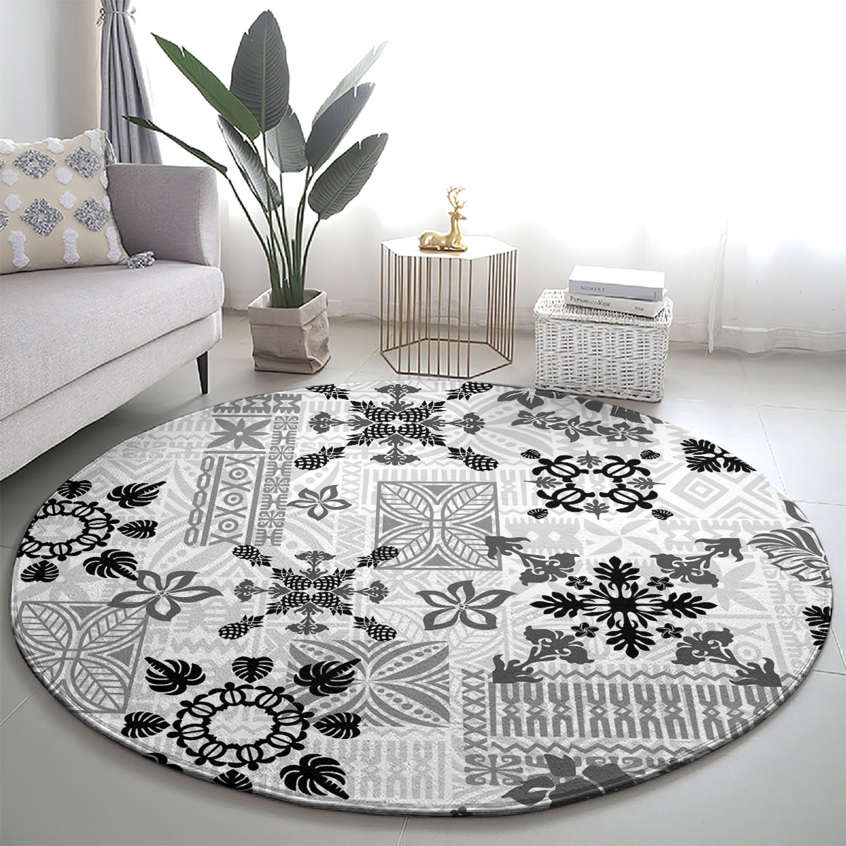 Hawaii Tapa Tribal Round Carpet With Hawaiian Quilt Pattern Black LT9