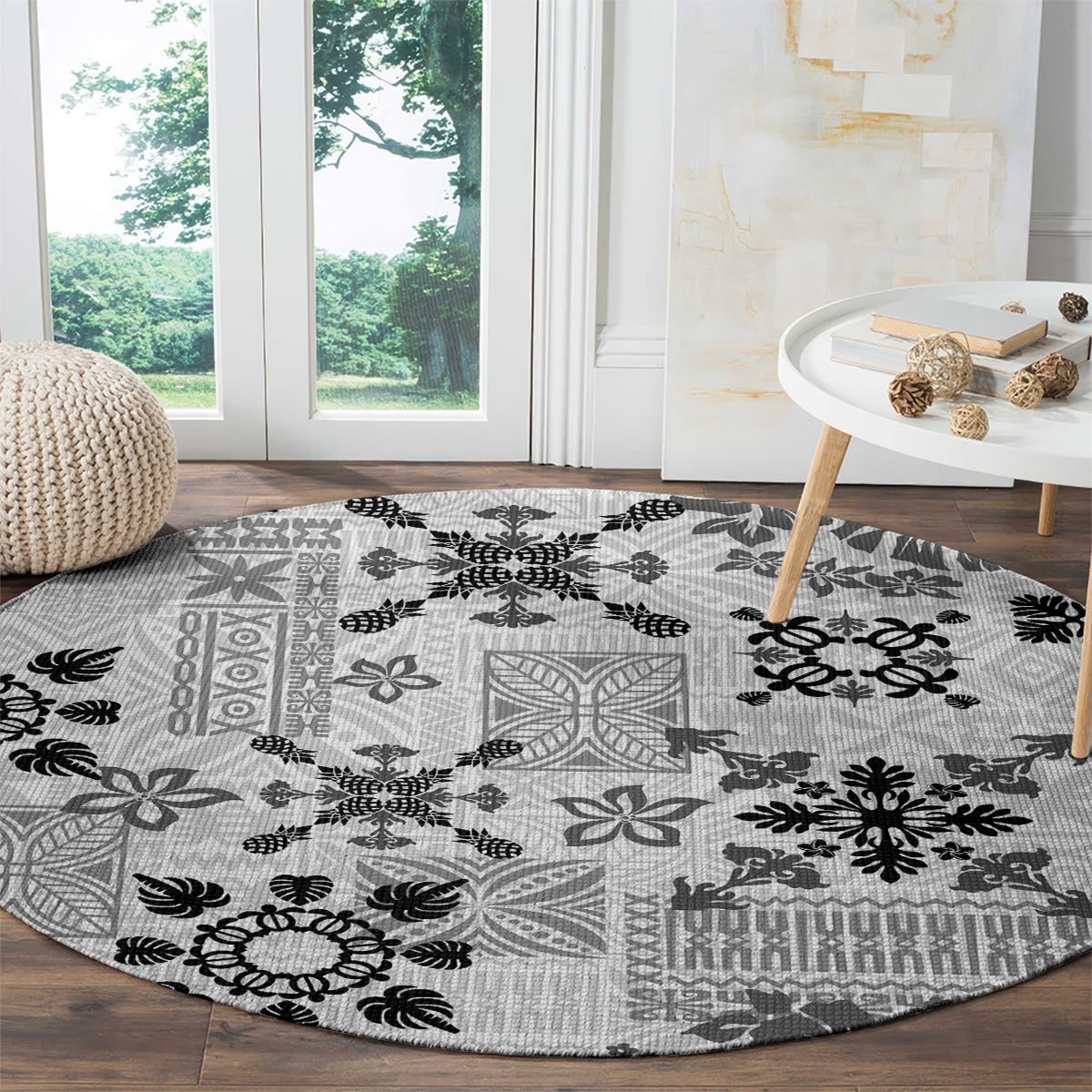 Hawaii Tapa Tribal Round Carpet With Hawaiian Quilt Pattern Black LT9