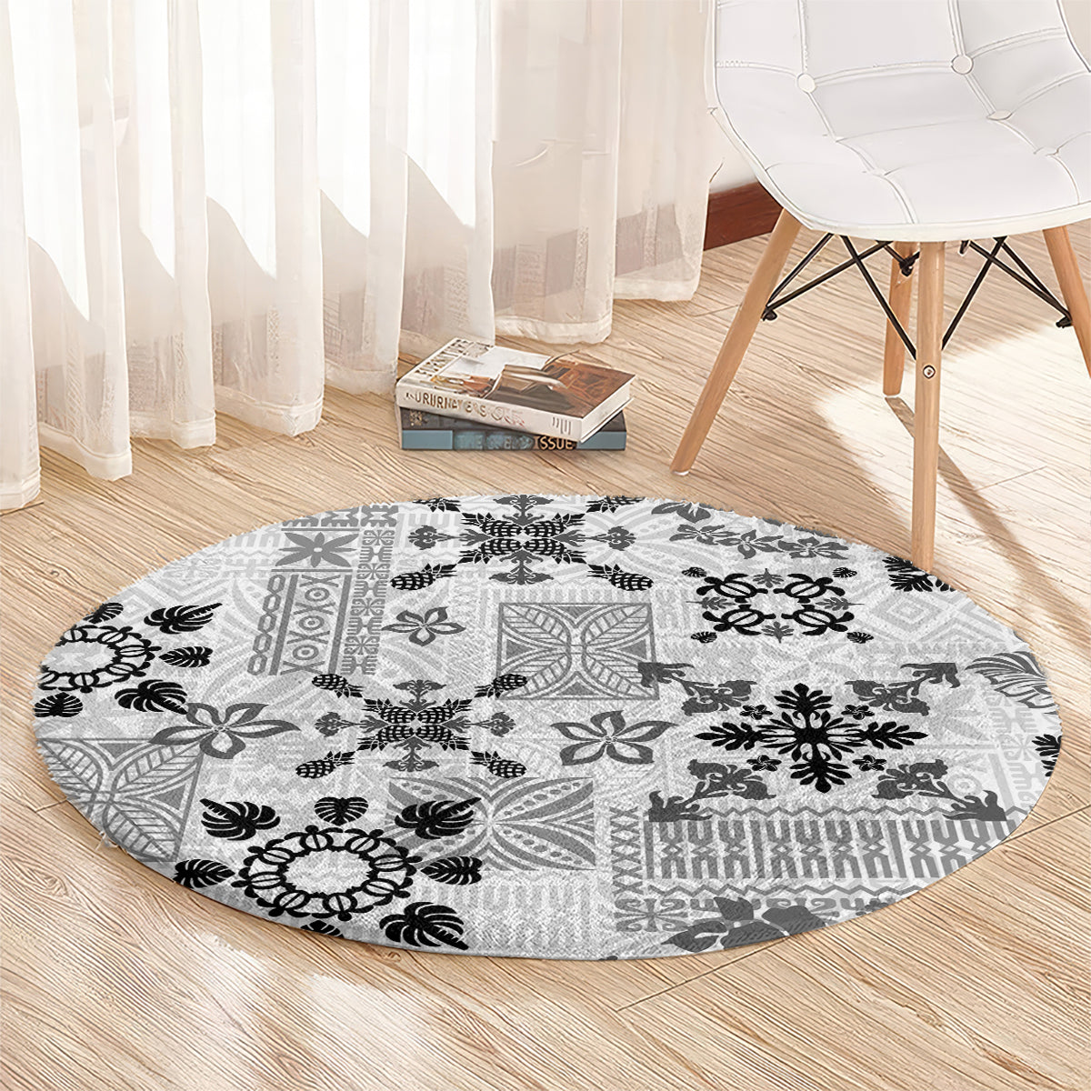 Hawaii Tapa Tribal Round Carpet With Hawaiian Quilt Pattern Black LT9