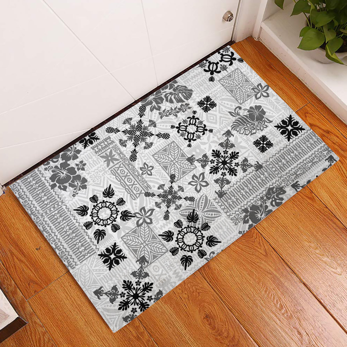 Hawaii Tapa Tribal Rubber Doormat With Hawaiian Quilt Pattern Black - Wonder Print Shop