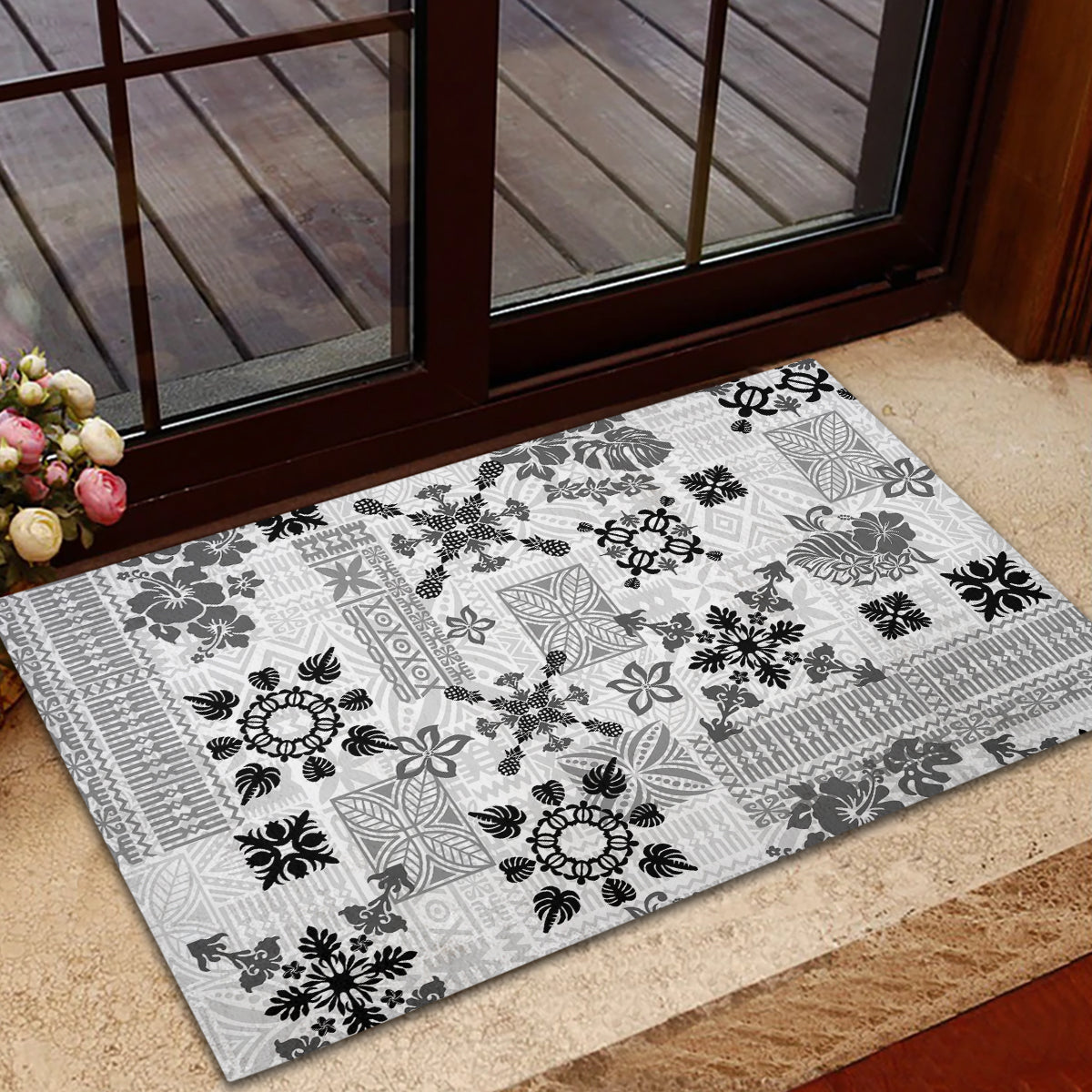 Hawaii Tapa Tribal Rubber Doormat With Hawaiian Quilt Pattern Black - Wonder Print Shop